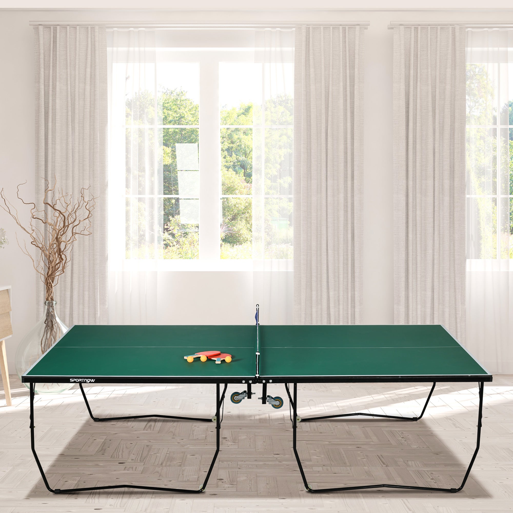 SPORTNOW 9FT Folding Table Tennis Table, with 8 Wheels, for Indoor Use - Green