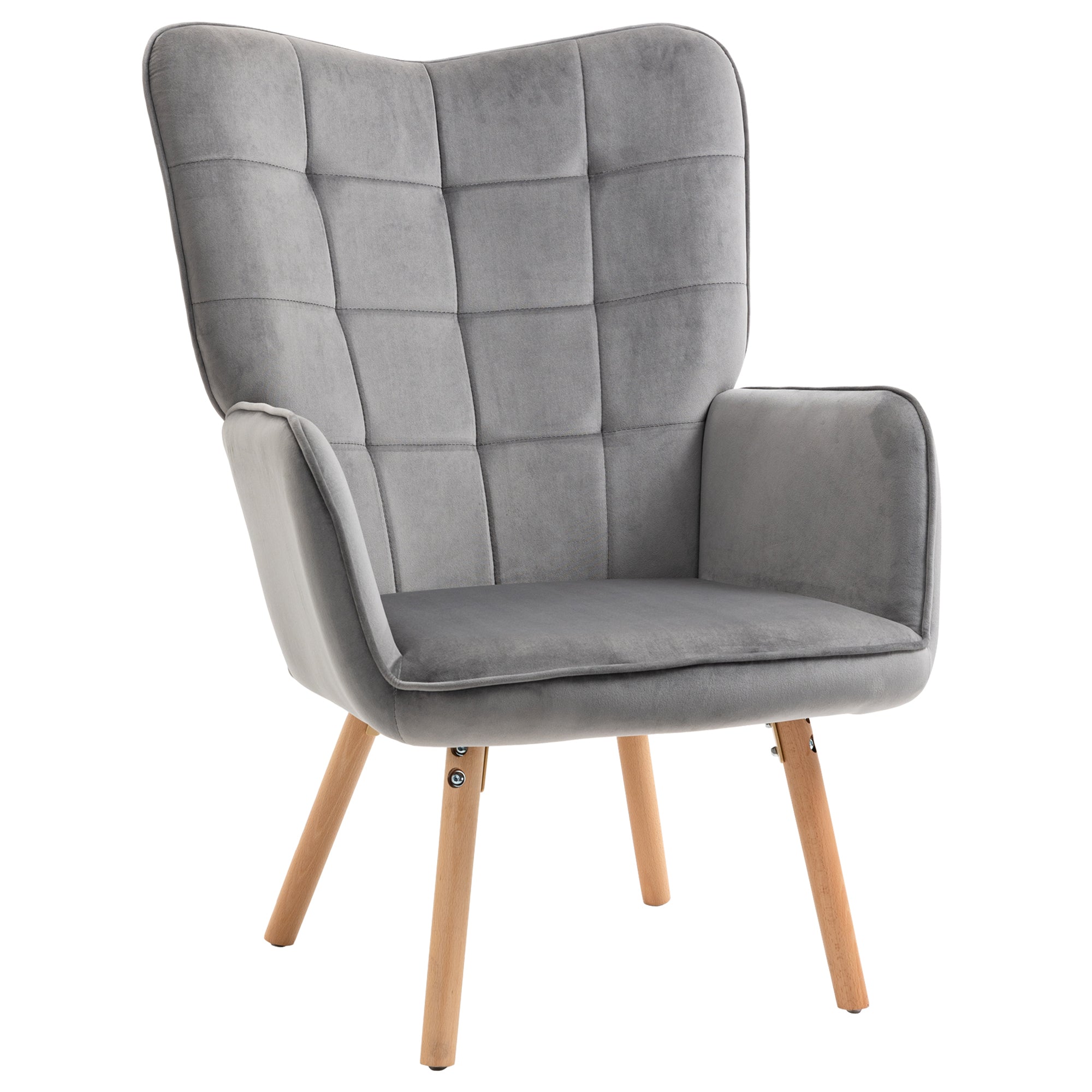 HOMCOM Modern Accent Chair Velvet-Touch Tufted Wingback Armchair Upholstered Leisure Lounge Sofa Club Chair with Wood Legs, Grey - North Peak Garden Furniture