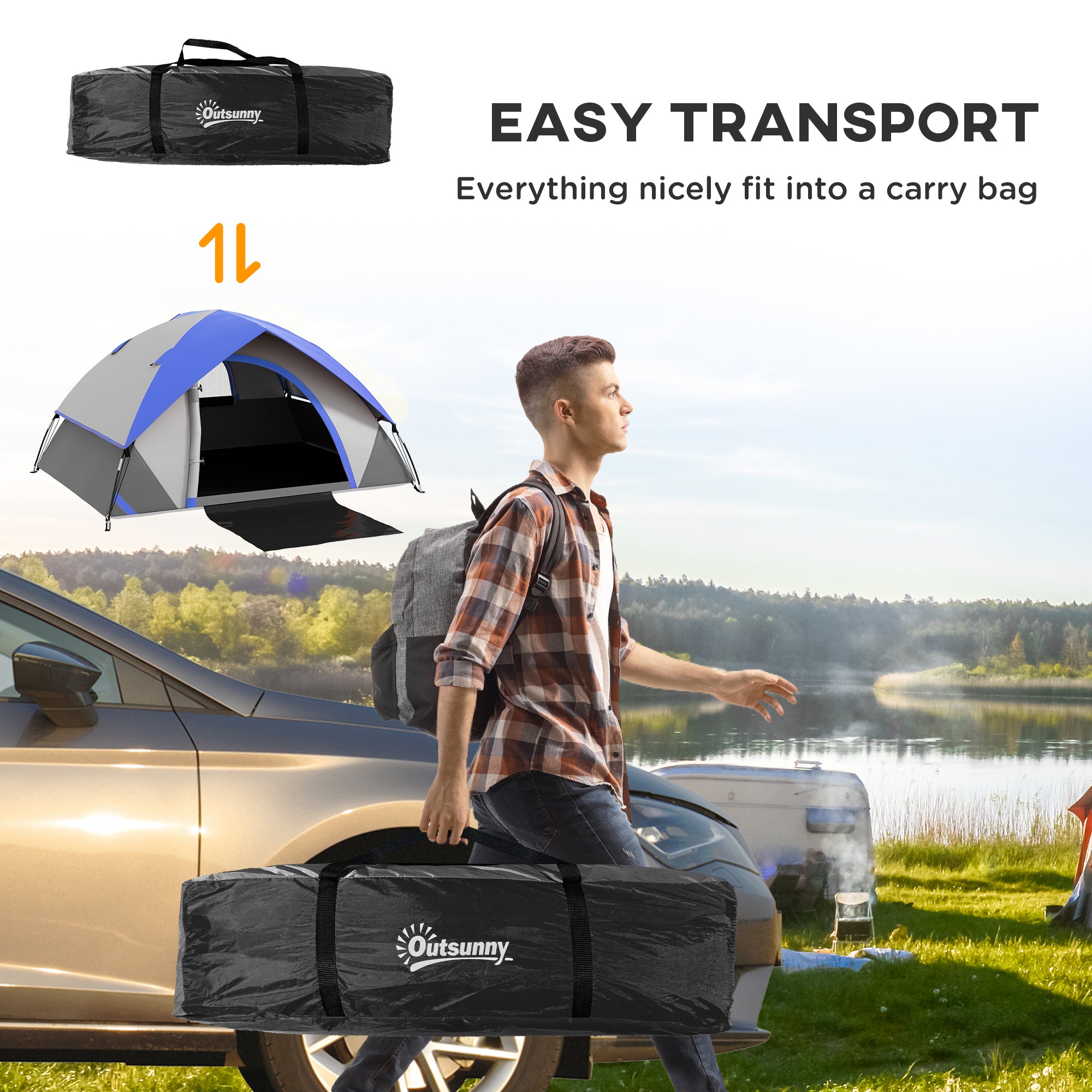Outsunny Two Man Single Room Dome Tent, with Accessories - Dark Blue/Grey - North Peak Garden Furniture