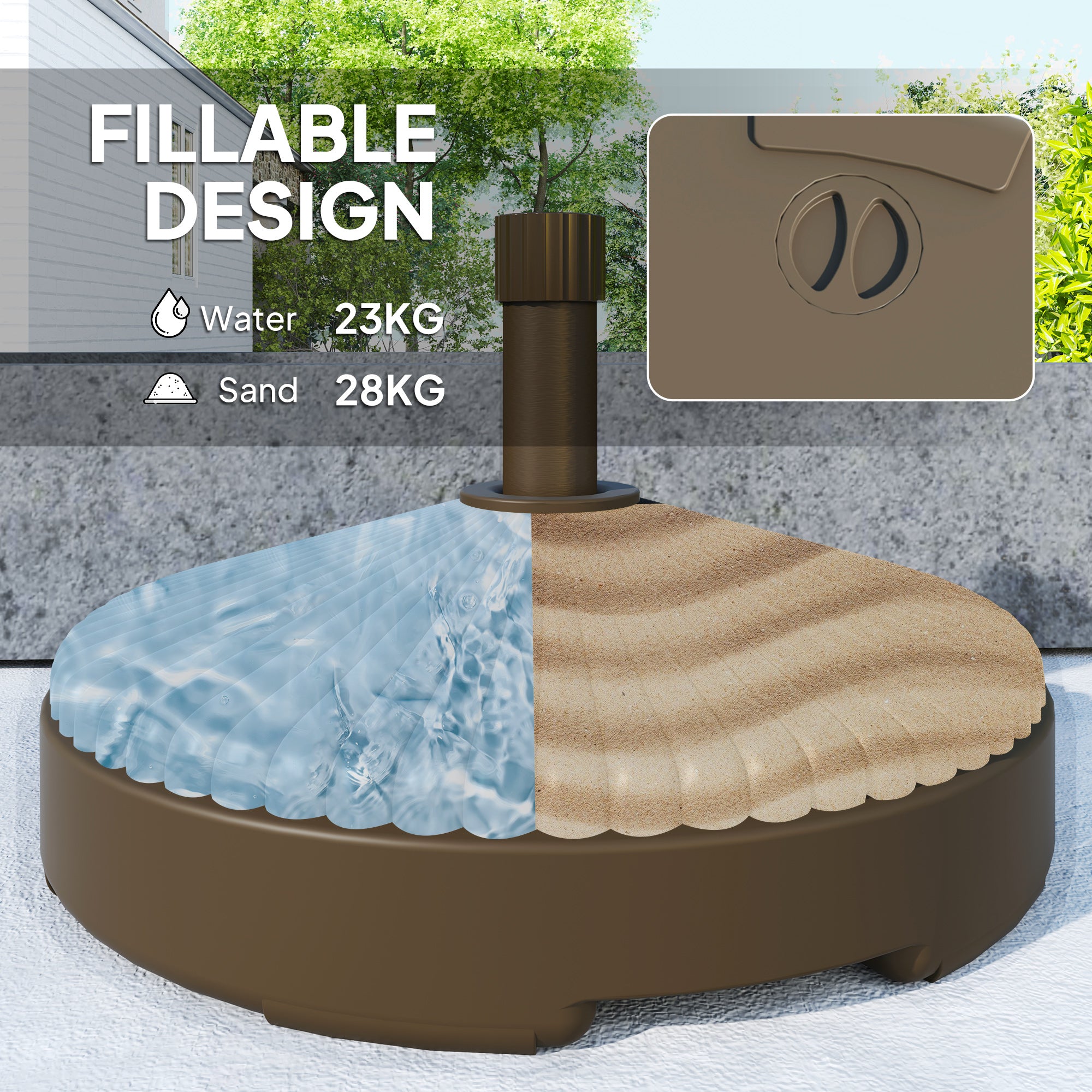 Outsunny Garden Parasol Base Holder, 28kg Sand Filled, 23kg Water Filled, Sun Umbrella Base Outdoor Umbrella Stand Weight, Brown - North Peak Garden Furniture