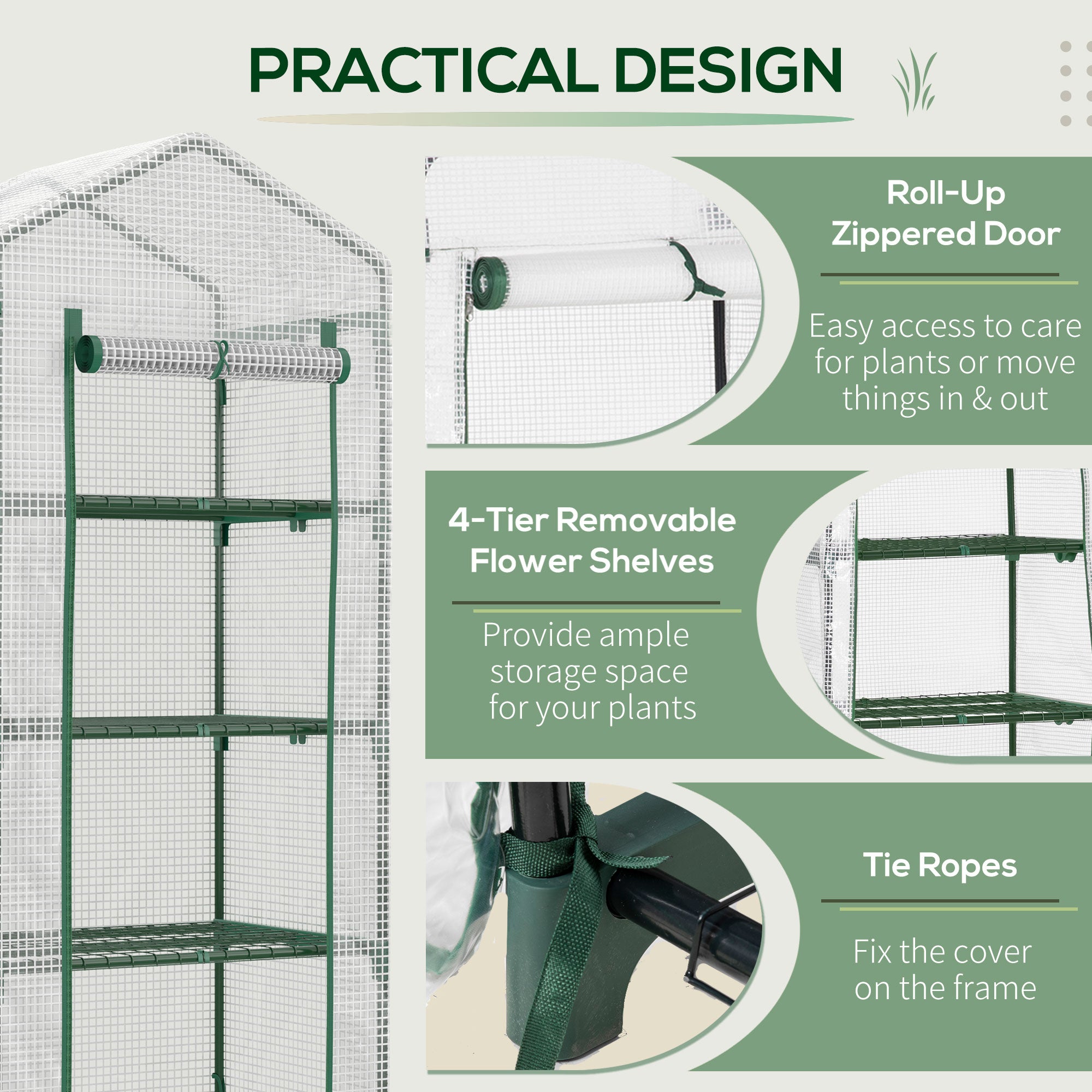 Outsunny 4 Tier Mini Greenhouse, Portable Compact Green House with Steel Frame, PE Cover, Roll-up Door, 70 x 50 x 160 cm, White - North Peak Garden Furniture