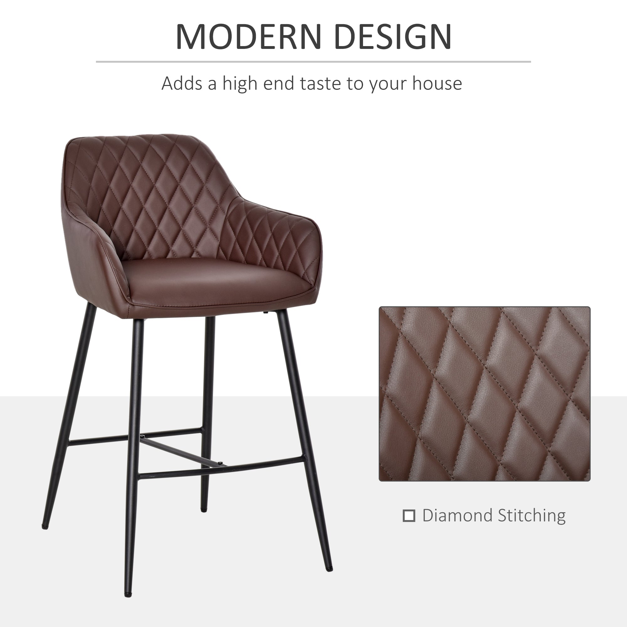 HOMCOM Set of 2 Bar stools Retro PU Leather Bar Chairs w/ Footrest Metal Frame Comfort Support Stylish Dining Seating Home Brown - North Peak Garden Furniture