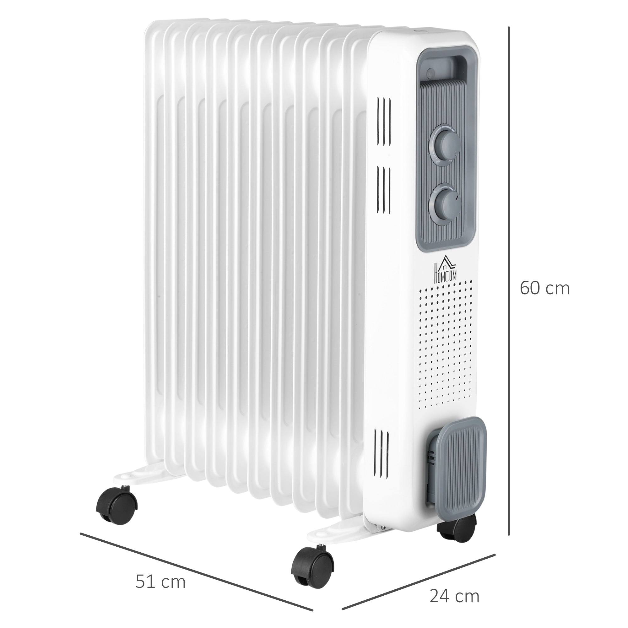 HOMCOM 2500W Oil Filled Radiator, 11 Fin, Portable Electric Heater with 3 Heat Settings, Safety Cut-Off and Wheels, White - North Peak Garden Furniture