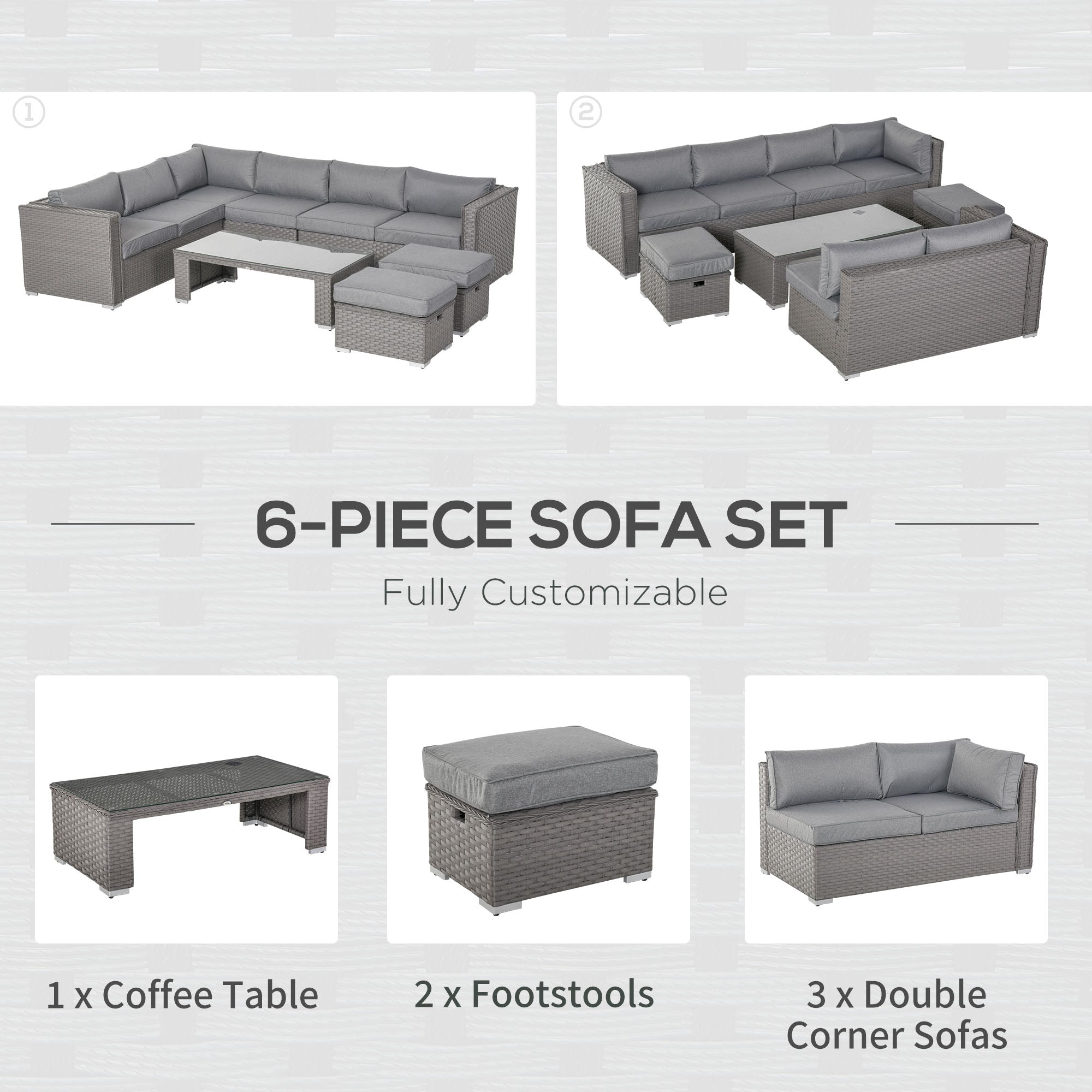 Outsunny 6 Pieces Outdoor PE Rattan Wicker Corner Sofa Set with 10cm Thick Padded Cushions, Aluminium Conservatory Furniture with Glass Top Coffee Table, Footstools, Grey - North Peak Garden Furniture