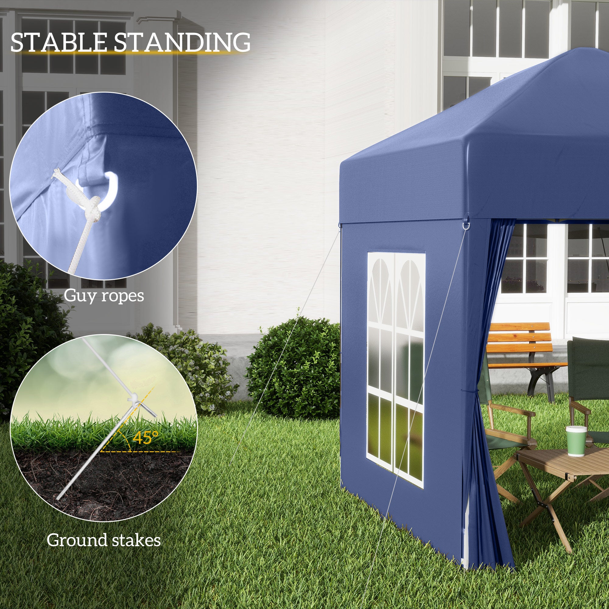 Outsunny 2 x 2 m Garden Pop Up Gazebo, Wedding Party Tent Marquee, Water Resistant Awning Canopy with Sidewalls, Windows, Carry Bag, Blue - North Peak Garden Furniture