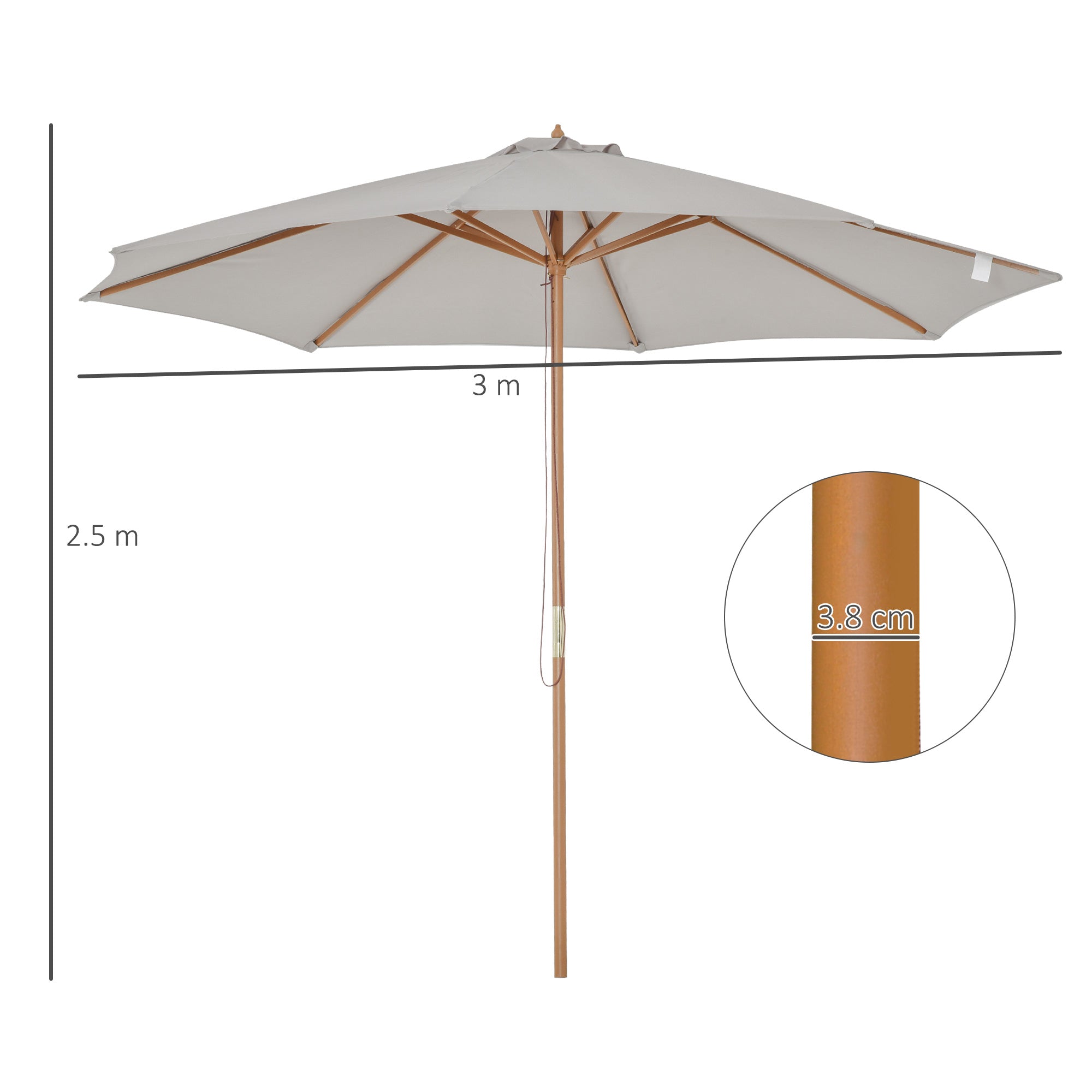 Outsunny 3(m) Garden Parasol, Pulley Operated Patio Umbrella, Wooden Table Market Umbrella with Rope Pulley Mechanism and 8 Ribs, Grey