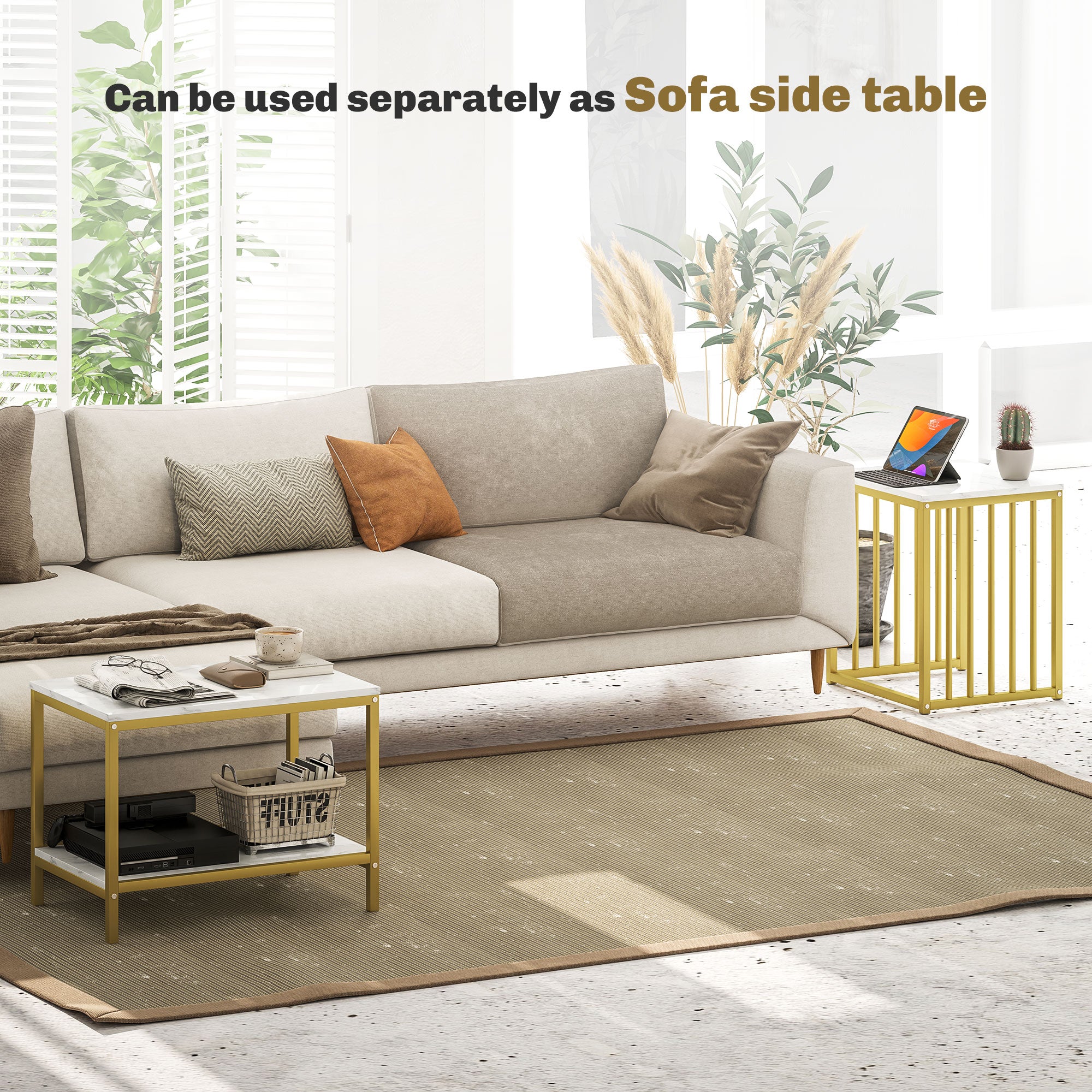 HOMCOM Modern Coffee Table Set of Two, Marble-Effect Nesting Side Tables with Steel Frame for Living Room, Gold Tone - North Peak Garden Furniture