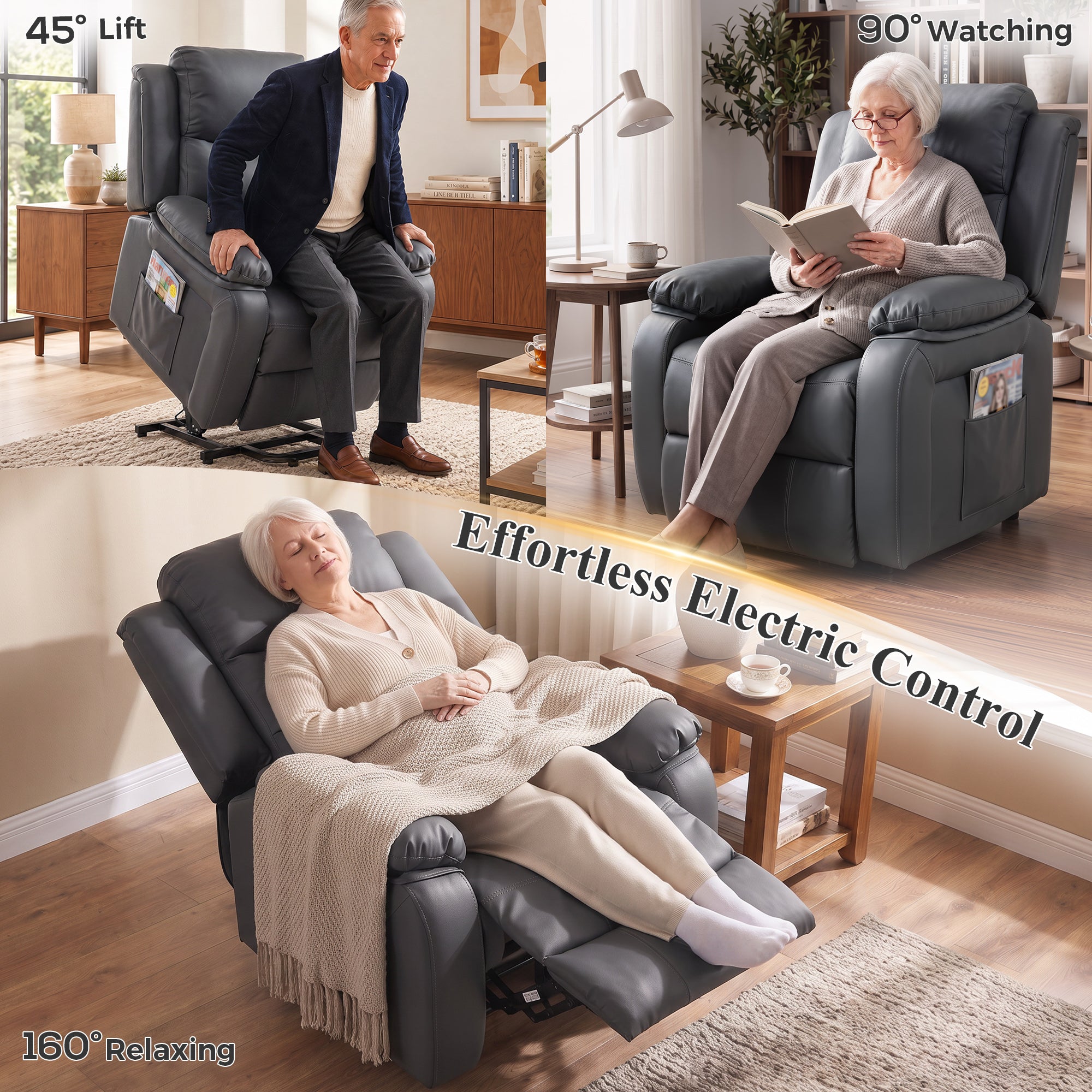 HOMCOM Riser and Recliner Chair with Vibration Massage, PU Leather Power Lift Chair for Elderly, Dark Grey