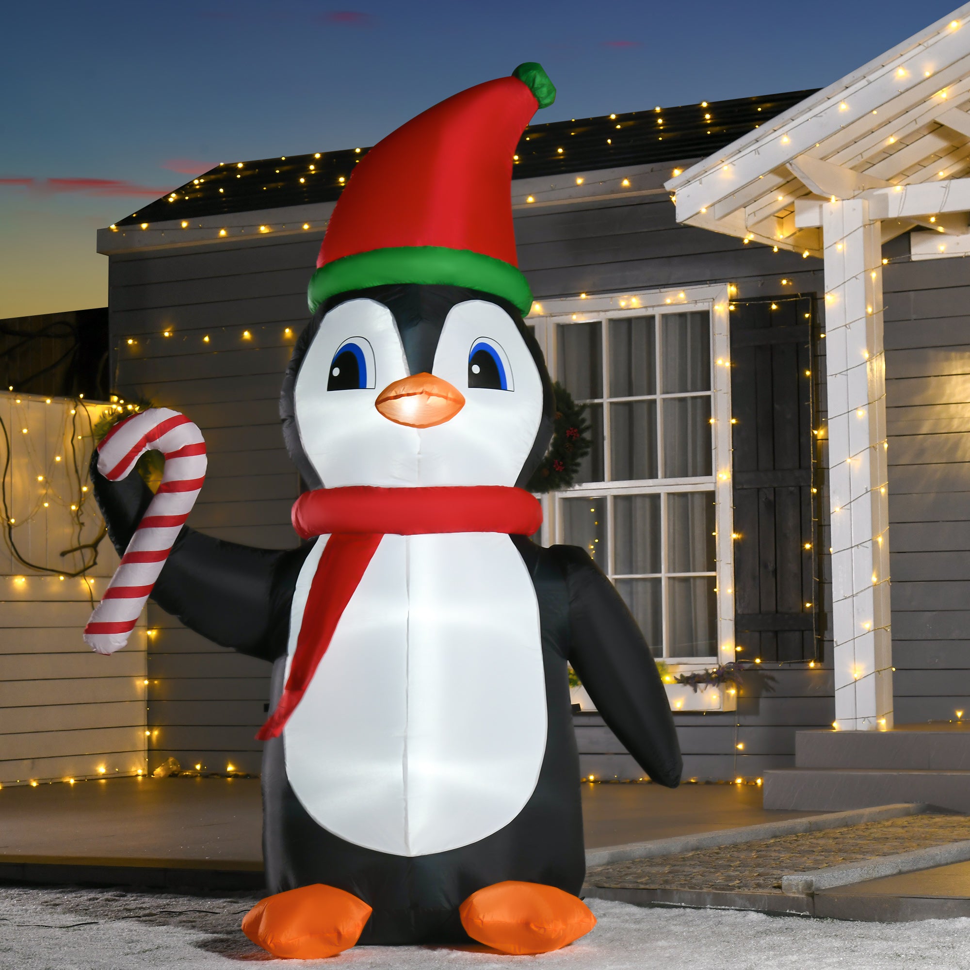 HOMCOM 8ft Inflatable Christmas Penguin Holding Candy Cane Blow Up Outdoor Decoration with LED Lights for Holiday - North Peak Garden Furniture