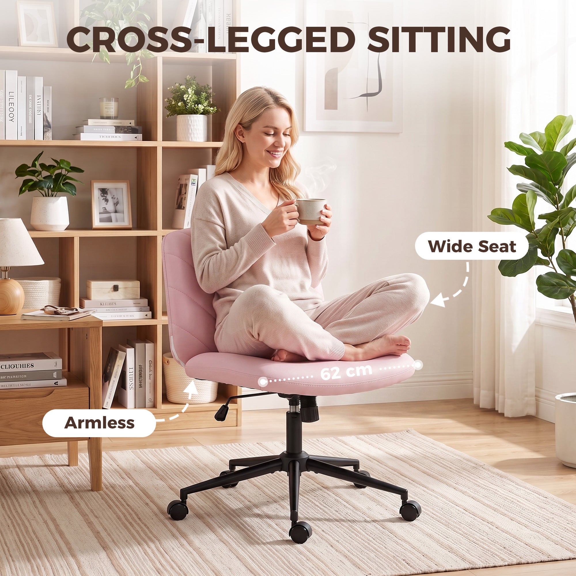 HOMCOM Home Office Desk Chair Height Adjustable Swivel Chair Cross Legged Wide Seat Swivel Wheels Pink