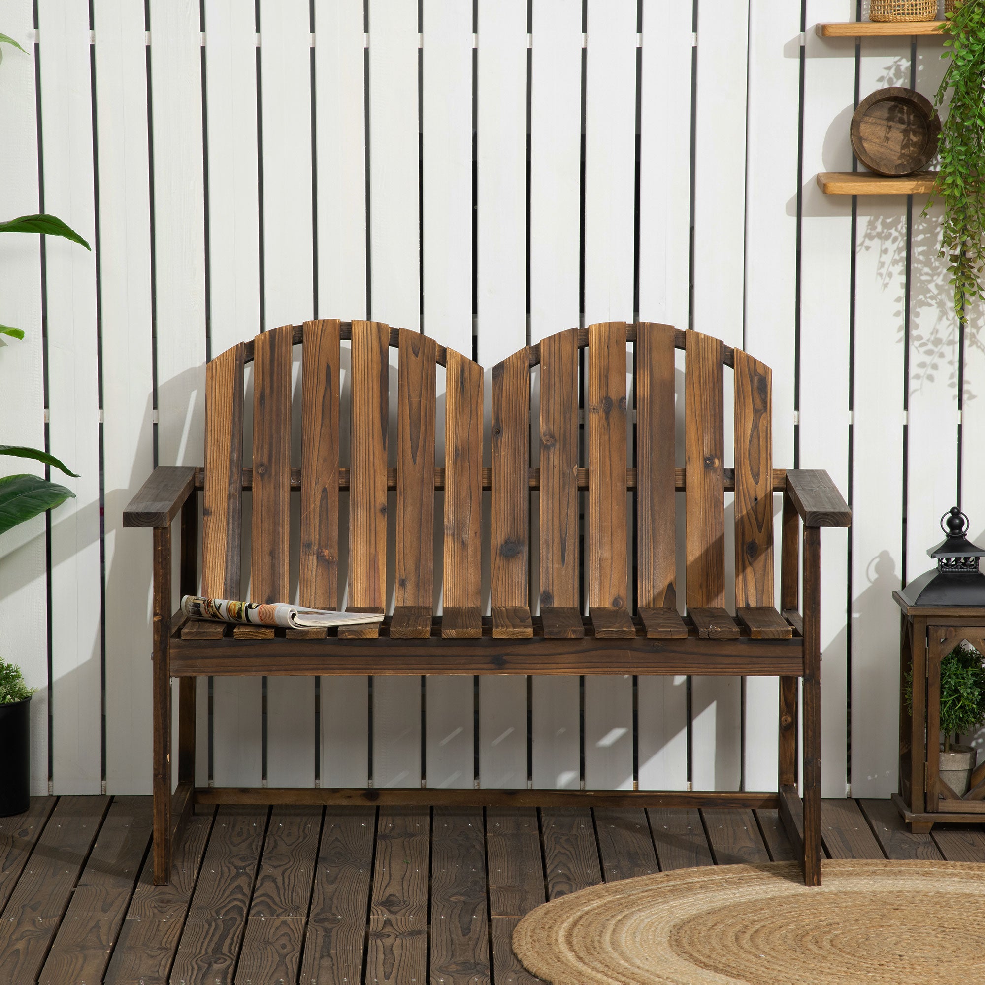 Outsunny Outdoor Wooden Garden Bench, Patio Loveseat Chair with Slatted Backrest and Smooth Armrests for Two People, for Yard, Lawn, Porch, Carbonised Finish - North Peak Garden Furniture