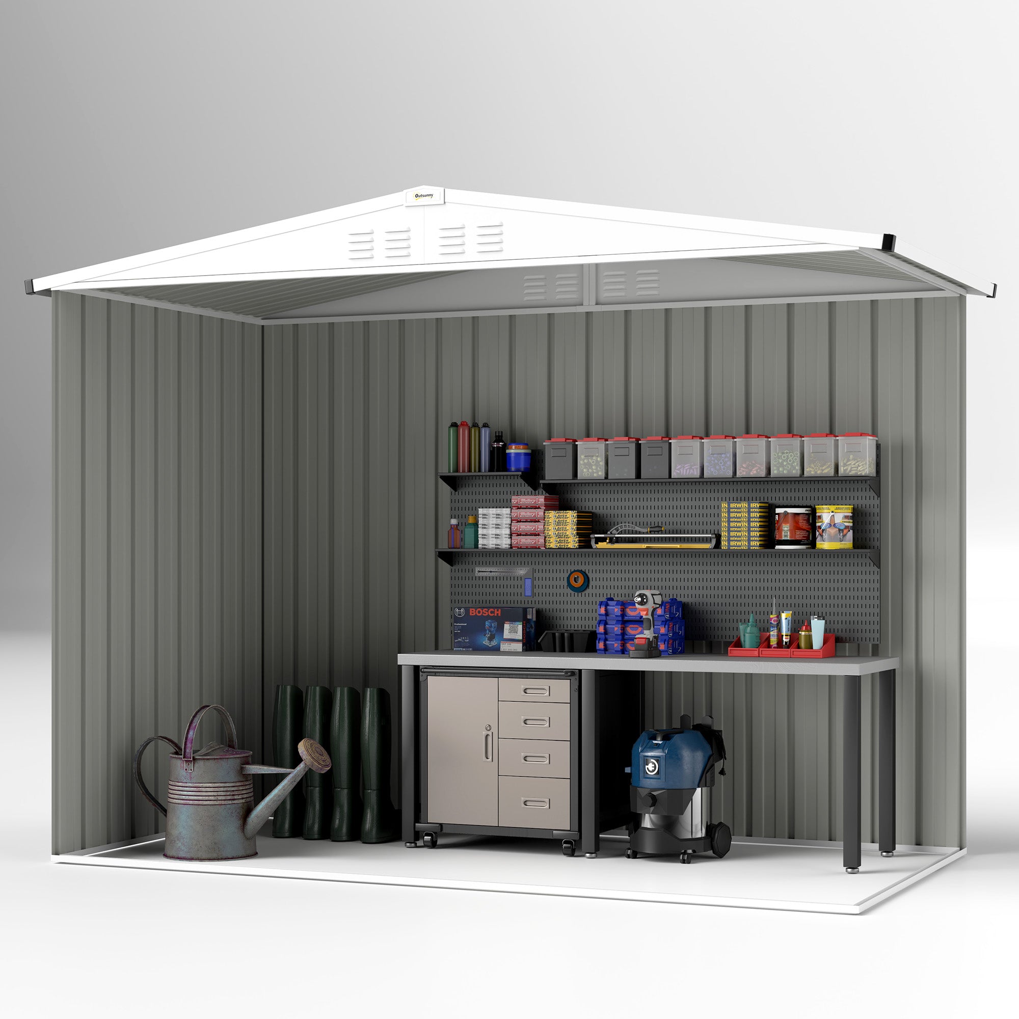 Outsunny 8 x 4 ft Metal Garden Shed, Garden Storage Shed with Window, 4 Vents and Lockable Door, Waterproof Galvanised Steel Tool Storage Shed, Light Grey - North Peak Garden Furniture
