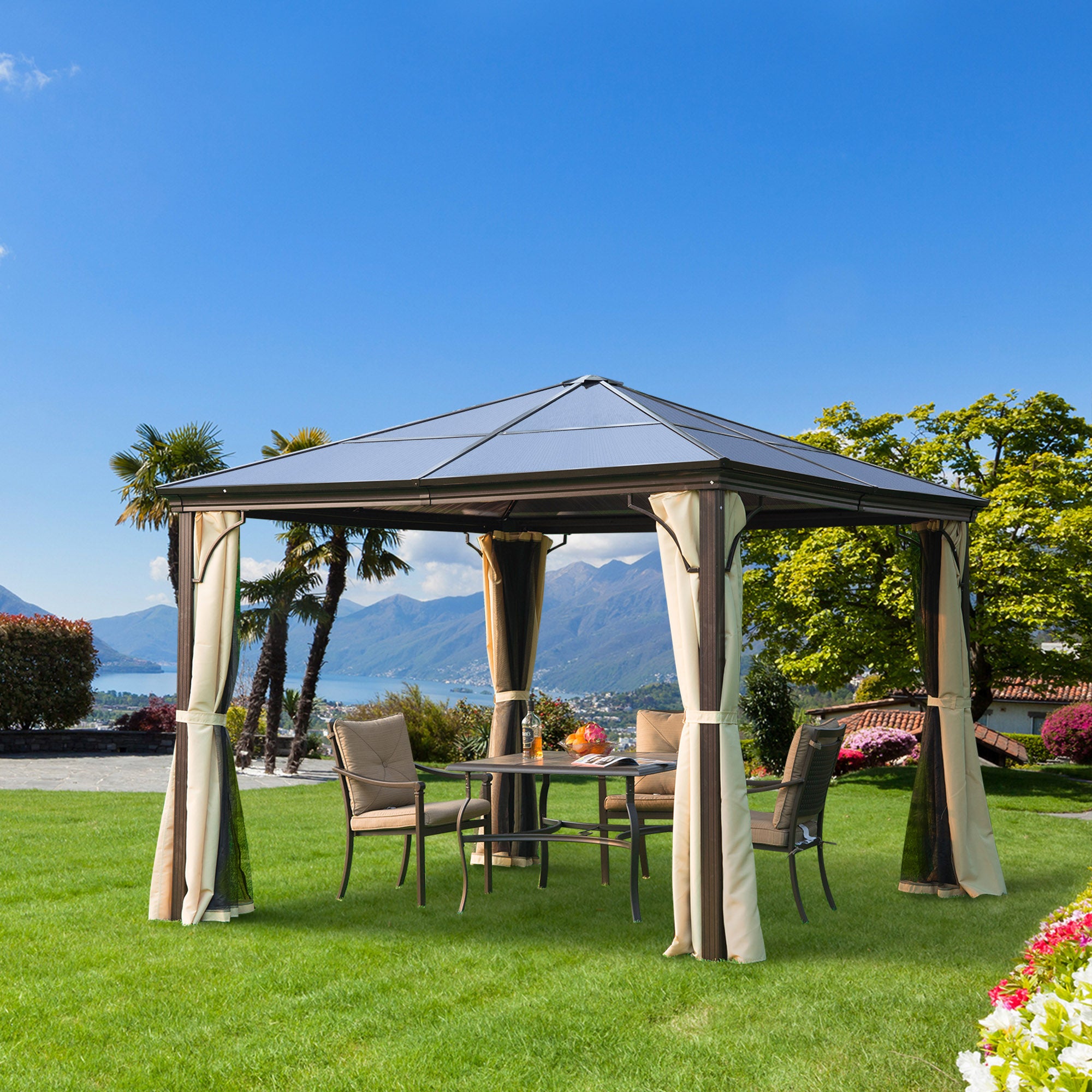 Outsunny 3 x 3(m) Hardtop Gazebo Canopy with Polycarbonate Roof and Aluminium Frame, Garden Pavilion with Mosquito Netting and Curtains, Brown