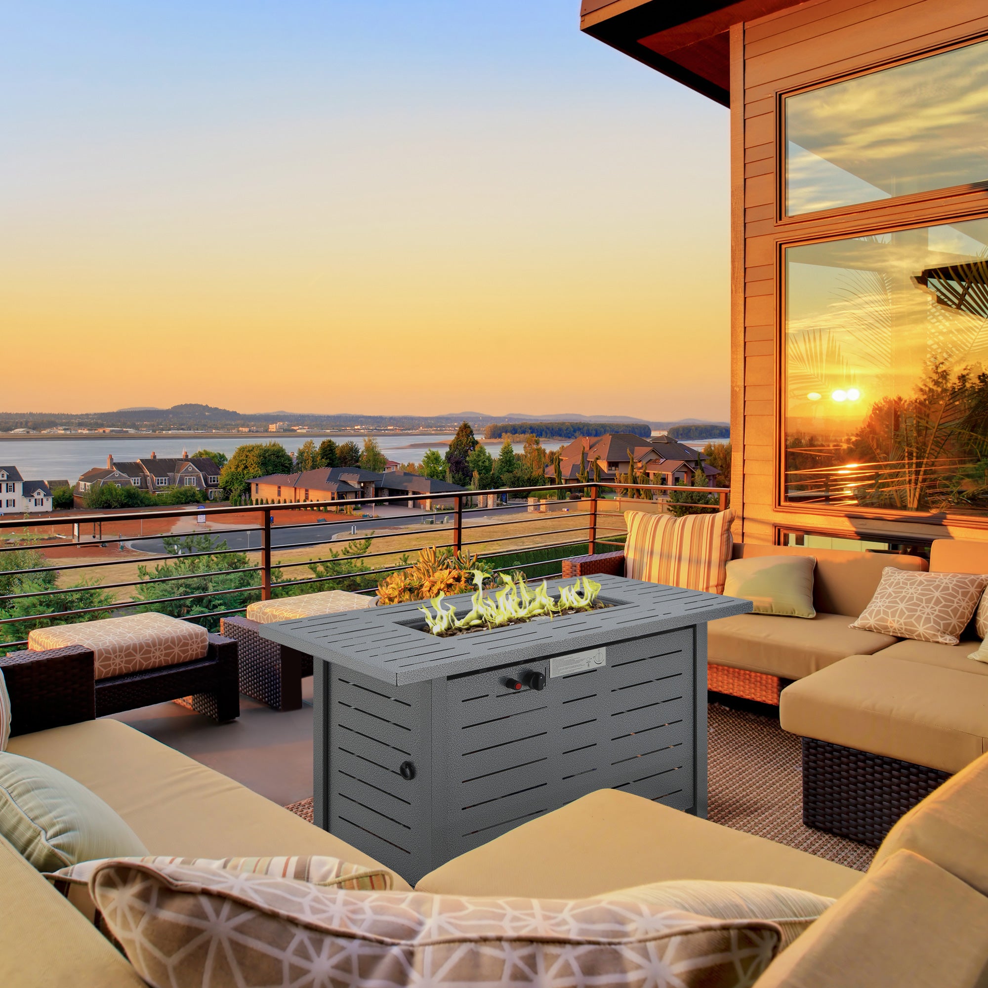 Outsunny Propane Gas Fire Pit Table, 50000BTU Smokeless Firepit Outdoor Patio Heater with Protective Cover, Lava Rocks and Lid, 107cm x 51cm x 63cm, Silver Grey - North Peak Garden Furniture