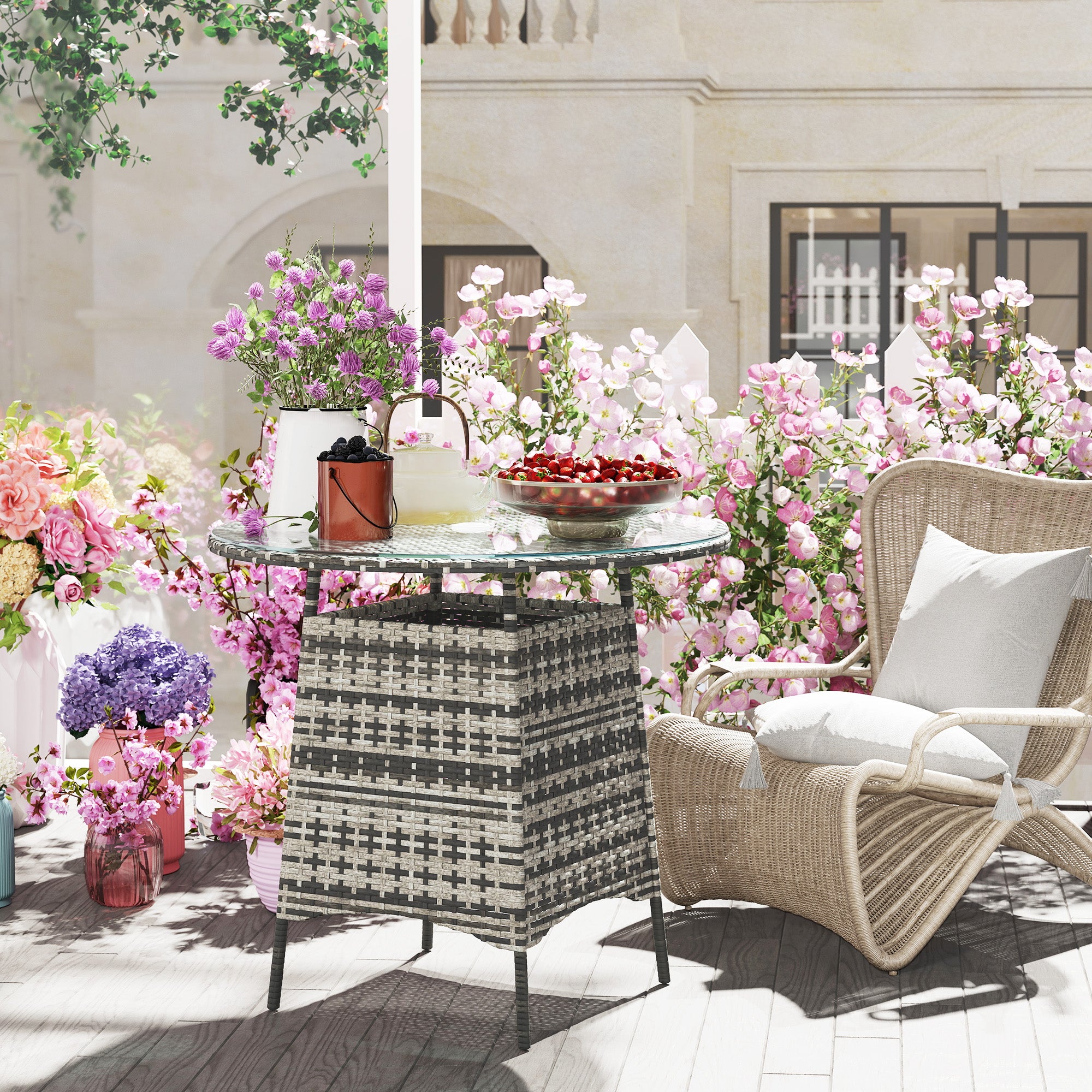 Outsunny Wicker Garden Rattan Table, Patio Furniture Outdoor Coffee Table with Umbrella Hole and Tempered Glass Top, Grey - North Peak Garden Furniture
