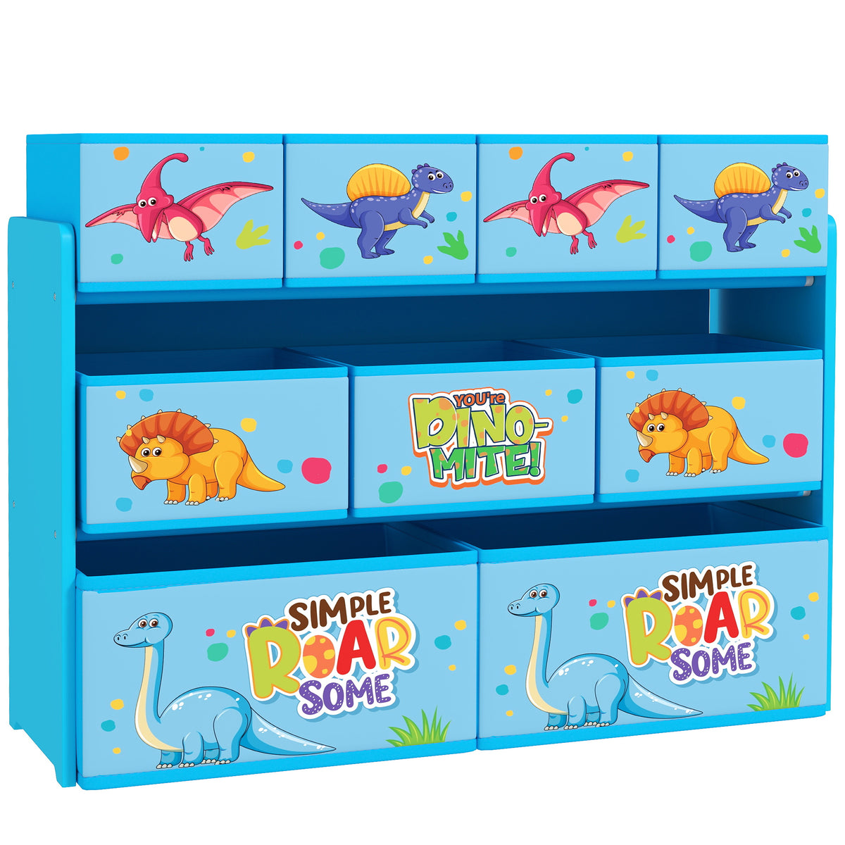 AIYAPLAY 3-Tier Kids Storage Unit with 9 Non-Woven Fabric Boxes for Toys, Books, for Bedroom, Nursery, Blue