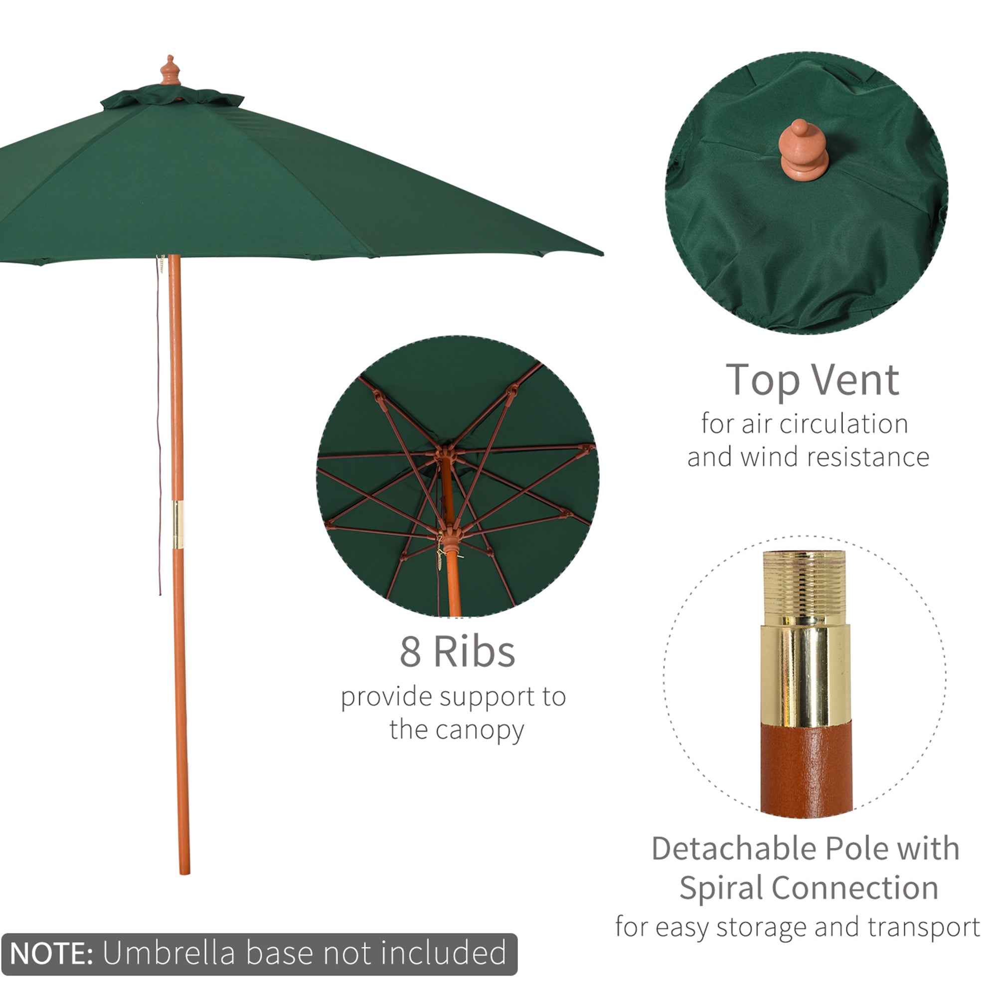 Outsunny 2.5m Garden Parasol Umbrella, Outdoor Market Table Umbrella with Wooden Pole & 8 Fibre Glass Ribs, Round Sun Shade Canopy, Green - North Peak Garden Furniture