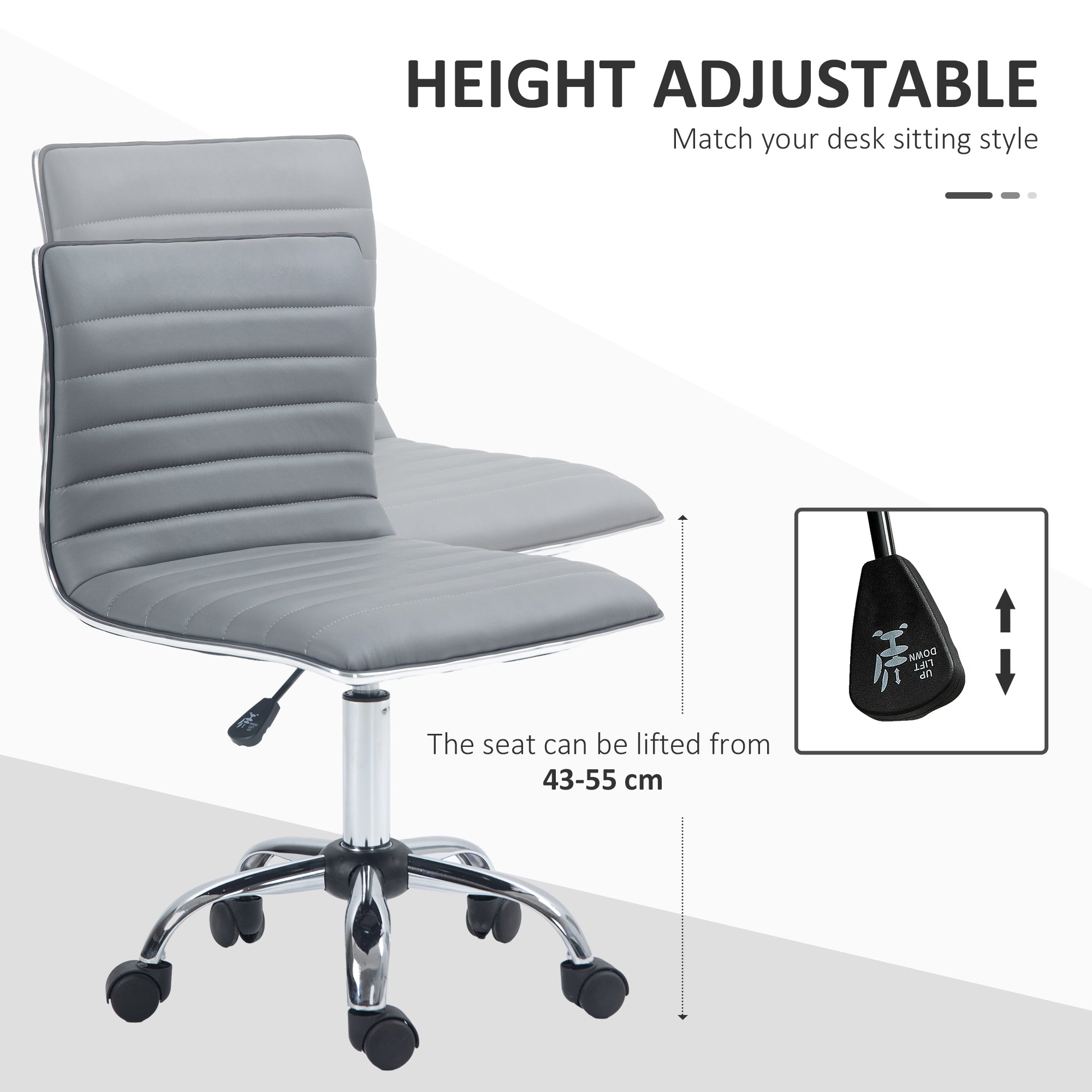 HOMCOM Adjustable Swivel Office Chair with Armless Mid-Back in PU Leather and Chrome Base - Light Grey - North Peak Garden Furniture