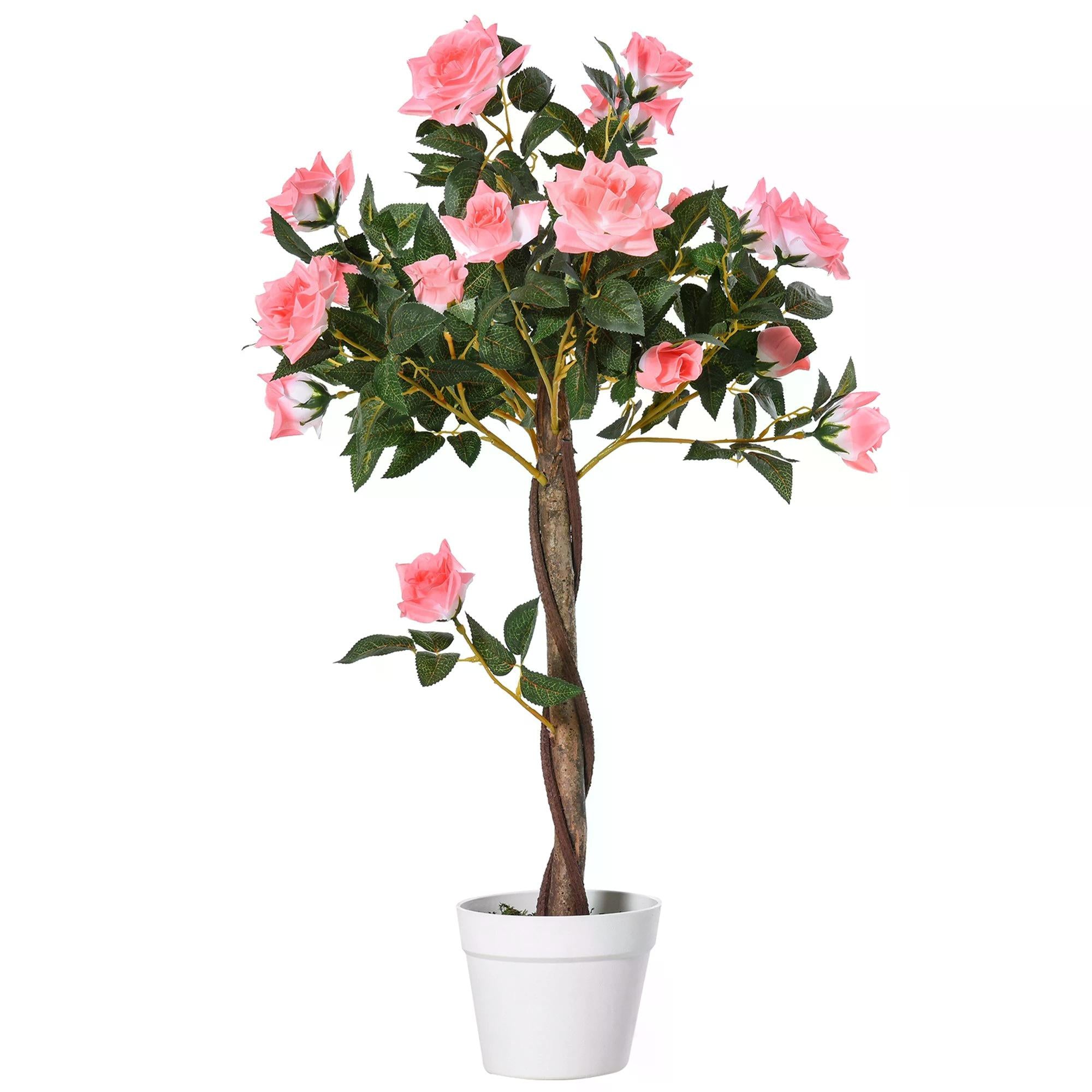 Outsunny Artificial Rose Tree: 90cm Fake Plant with 21 Flowers, Pink & Green Indoor/Outdoor Home Office Decor