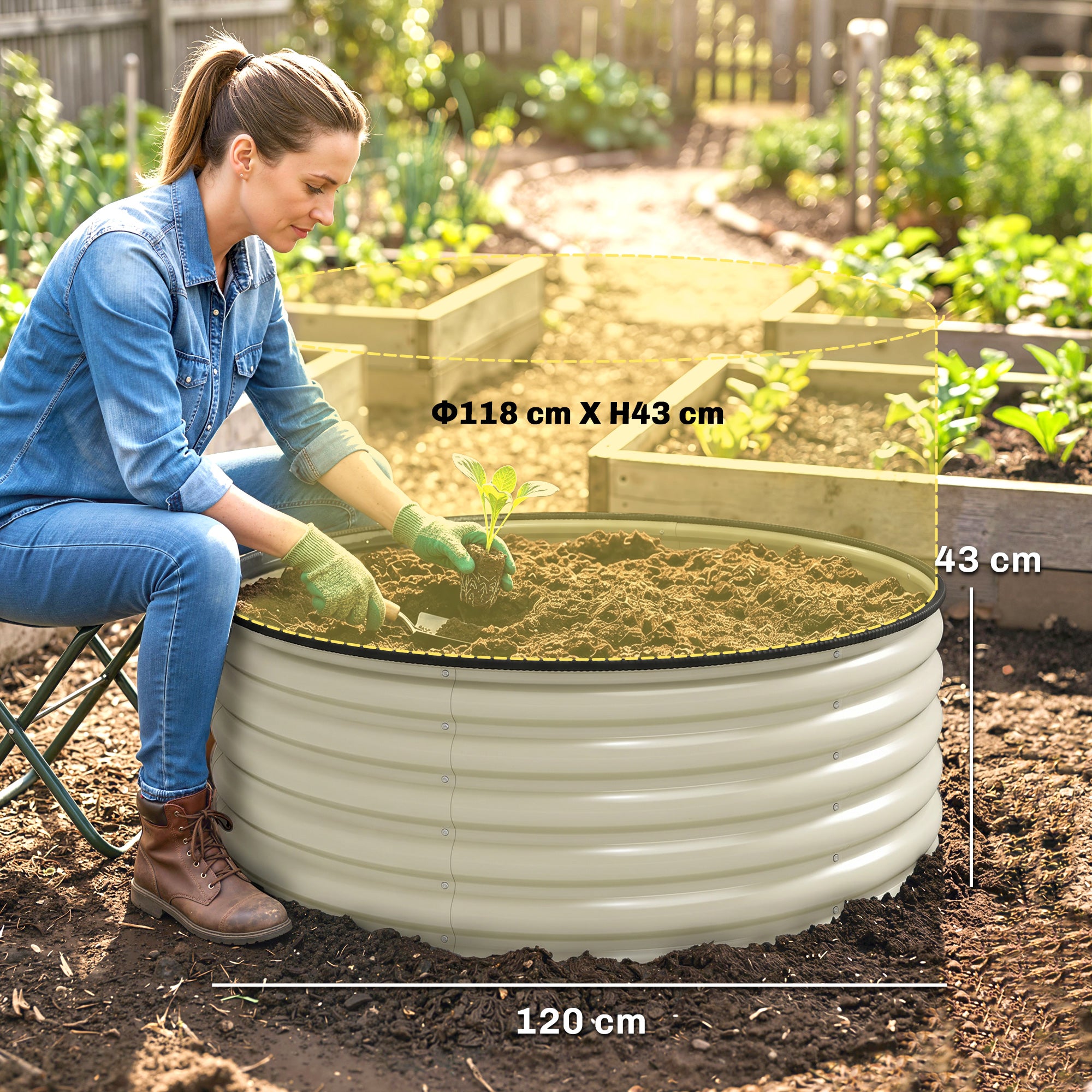 Outsunny Galvanised Raised Garden Bed with Safety Edging, Outdoor Raised Planter Box with Gloves, 120 x 120 x 43cm, Cream White