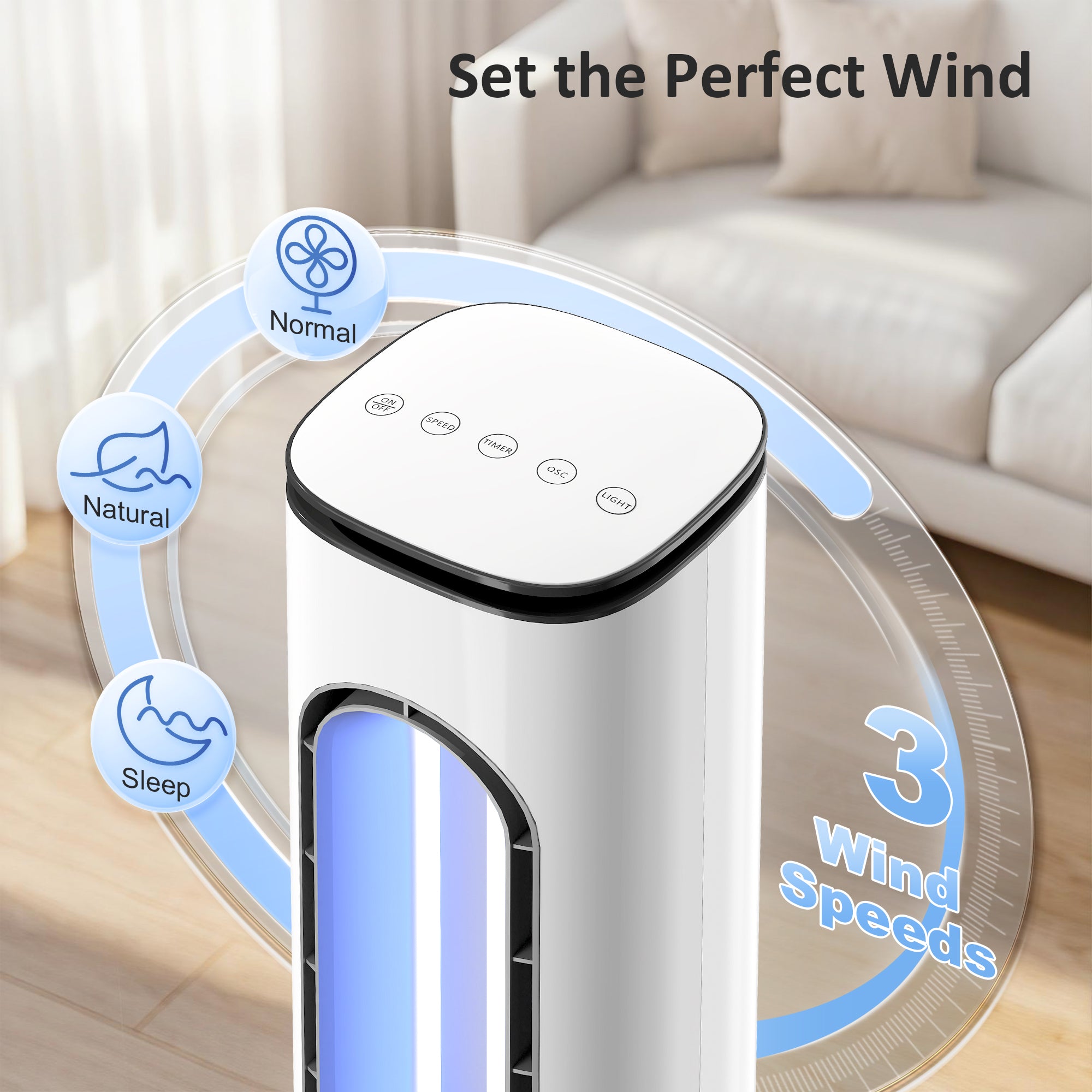 HOMCOM Bladeless Tower Fan for Bedroom, 35dB Standing Cooling Fan with 50° Oscillating, LED Lights, 3 Speeds, 15H Timer, White