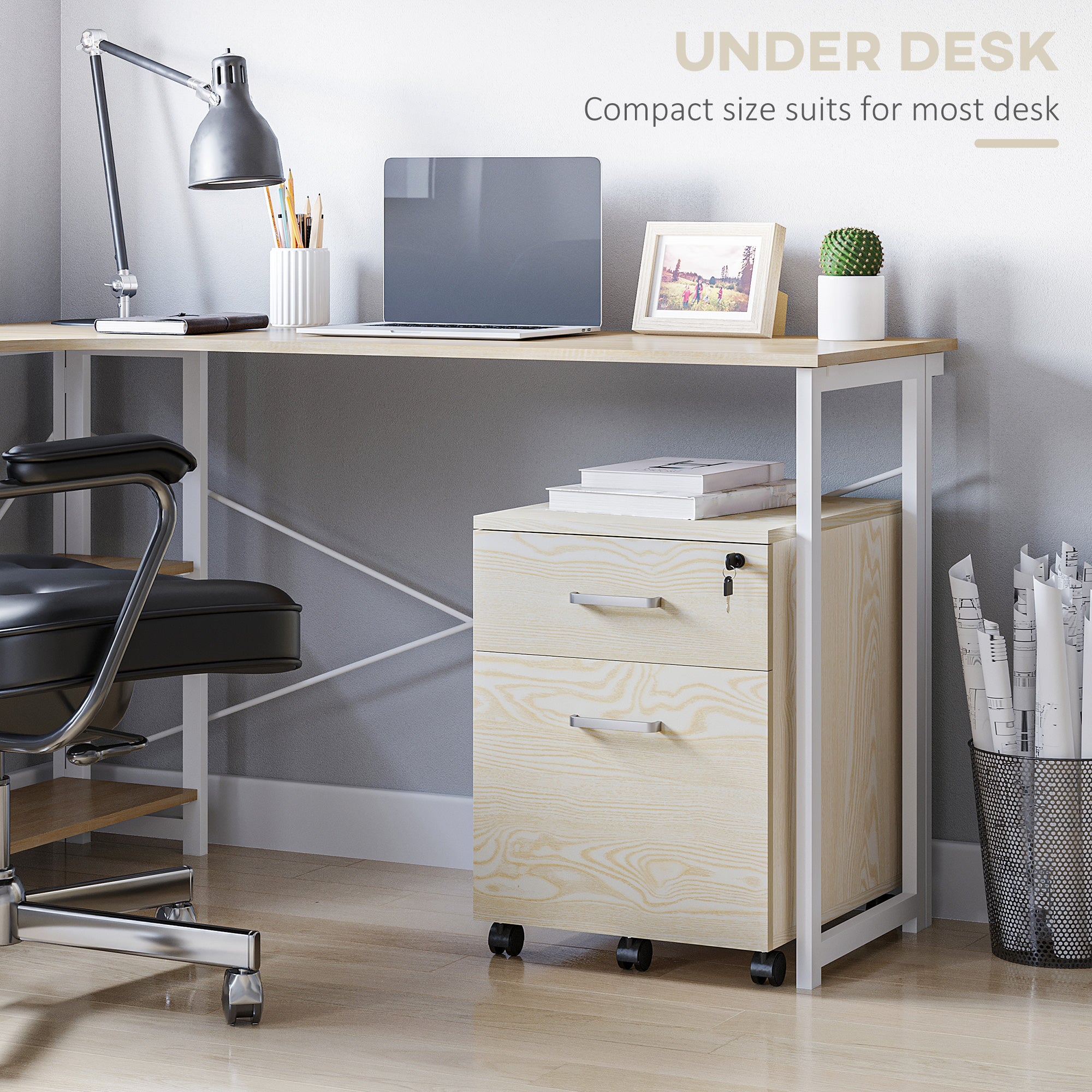 Vinsetto 2-Drawer Locking Office Filing Cabinet w/ 5 Wheels Rolling Storage Hanging Legal Letter Files Cupboard Home Organisation Oak Wood Grain - North Peak Garden Furniture