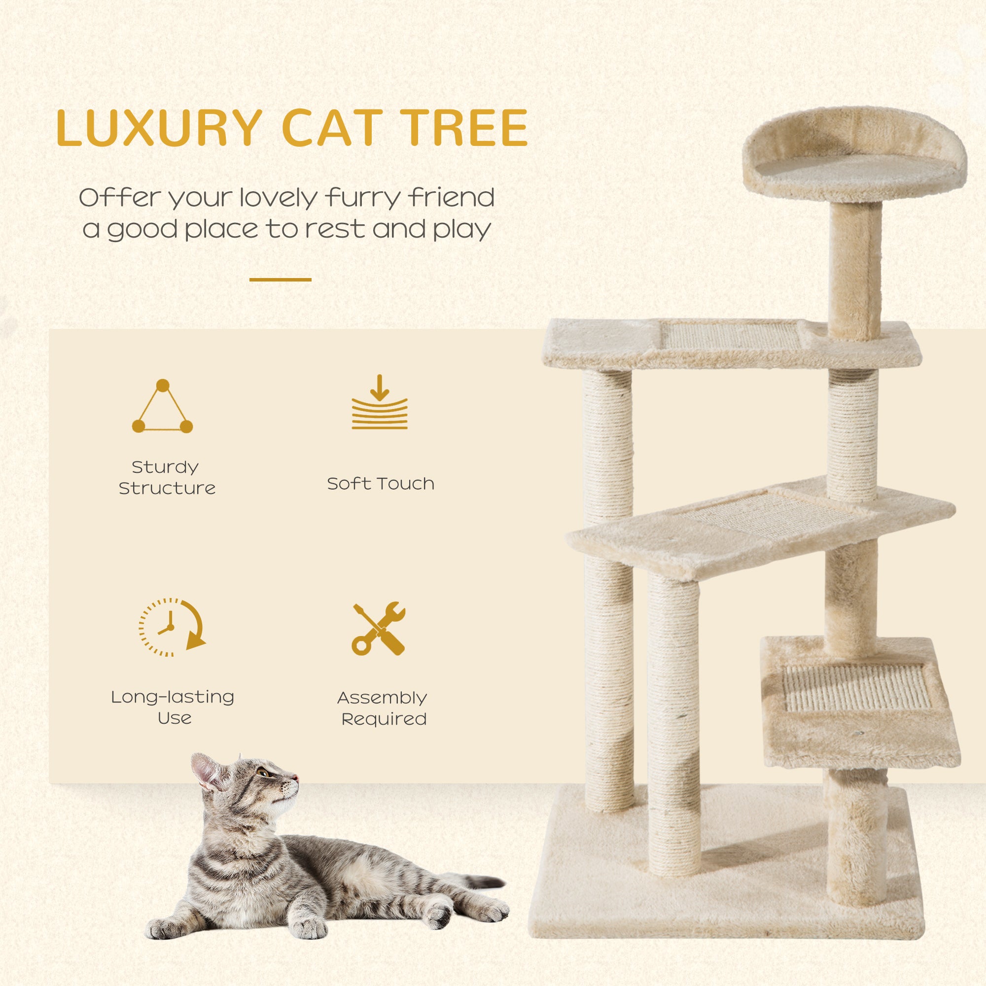 PawHut Beige Cat Tree, Kitten Scratching Post, Sisal Climbing Tower, Activity Centre, Sturdy