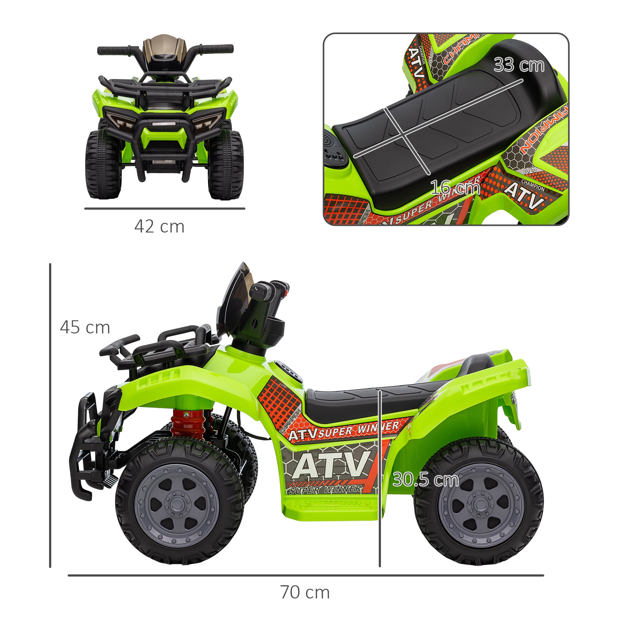 HOMCOM 6V Kids Electric Ride on Car Toddlers Quad Bike All Terrain Vehicle Toy With Music for 18-36 months Green - North Peak Garden Furniture