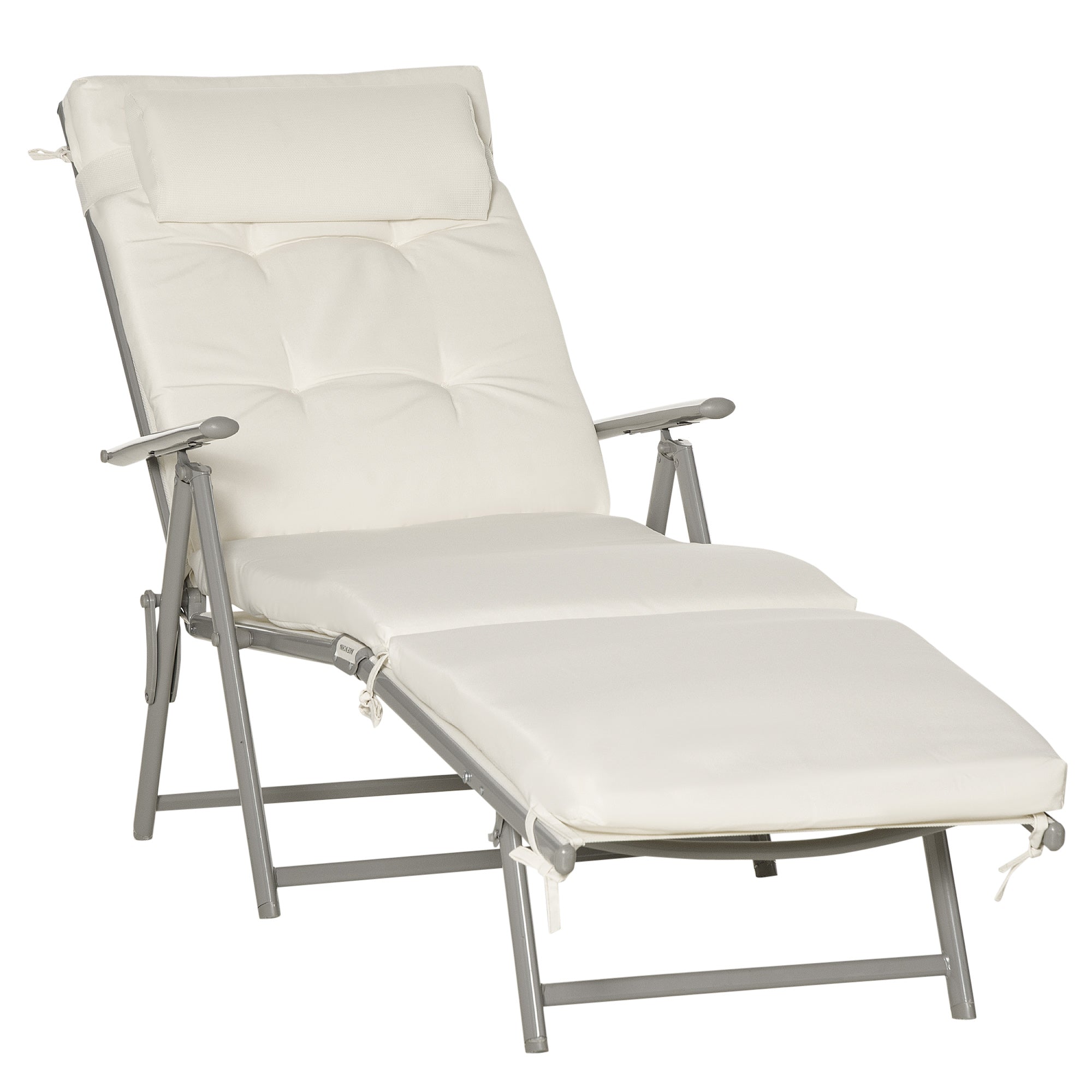 Outsunny Sun Lounger Steel Frame Outdoor Folding Chaise Texteline Lounge Chair Recliner with Headrest & 7 Levels Adjustable Backrest, Cream White