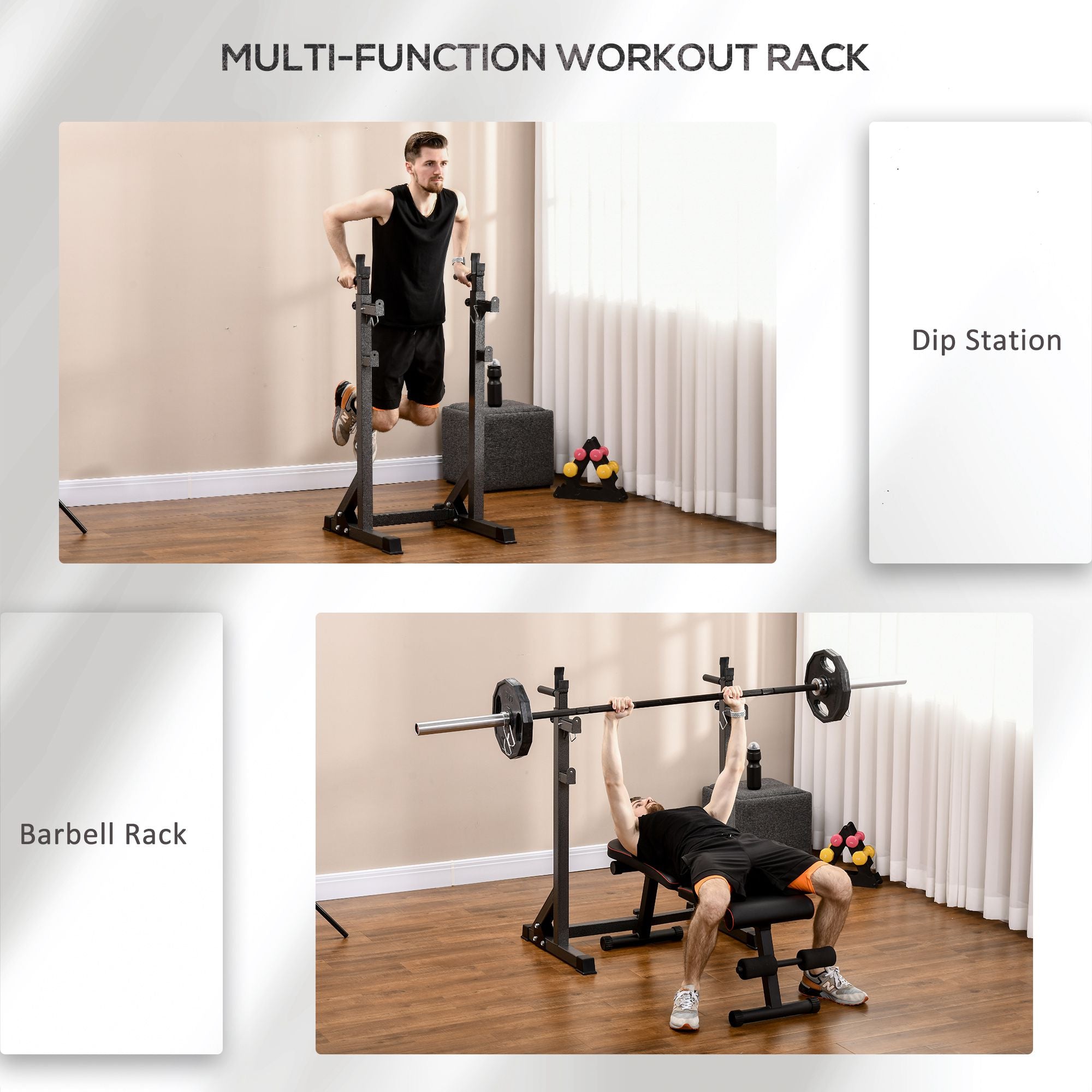 SPORTNOW Heavy Duty Barbell Squat Rack, Adjustable and Multifunctional Weight Power Stand, for Home, Gym - Black - North Peak Garden Furniture