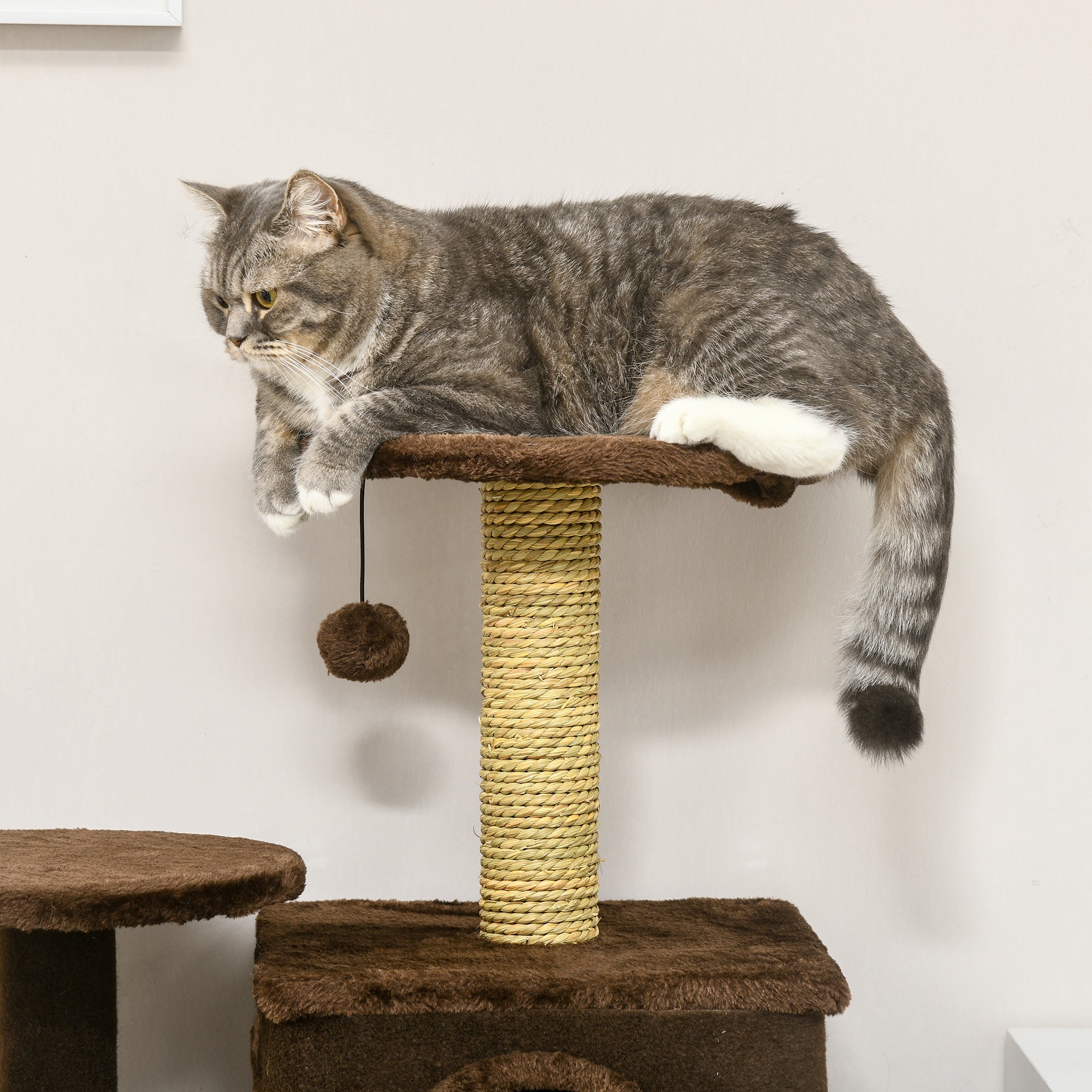 PawHut 136cm Cat Tree for Indoor Cats, Modern Cat Tower with Scratching Posts, house, Platforms, Toy Ball - Brown - North Peak Garden Furniture