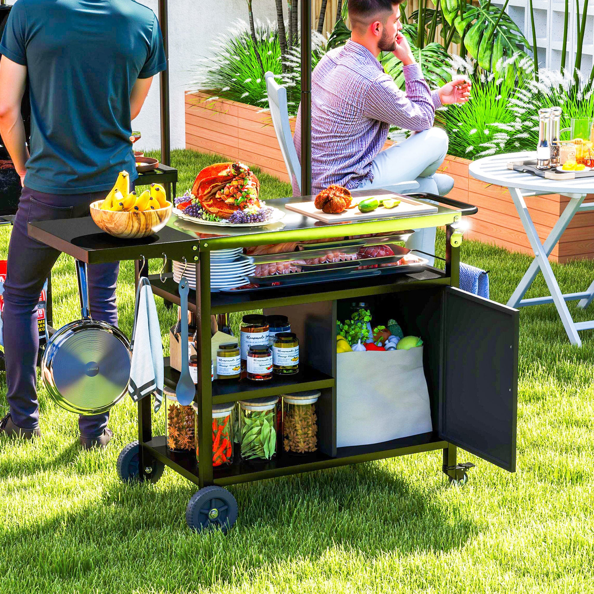 Outsunny Outdoor BBQ Trolley with Foldable Side Table, Stainless Steel Top, Outdoor Kitchen with Wheels Hooks Shelves Cabinet, Pizza Oven Table Movable Barbecue Grill Dining Cart with Cover, Black