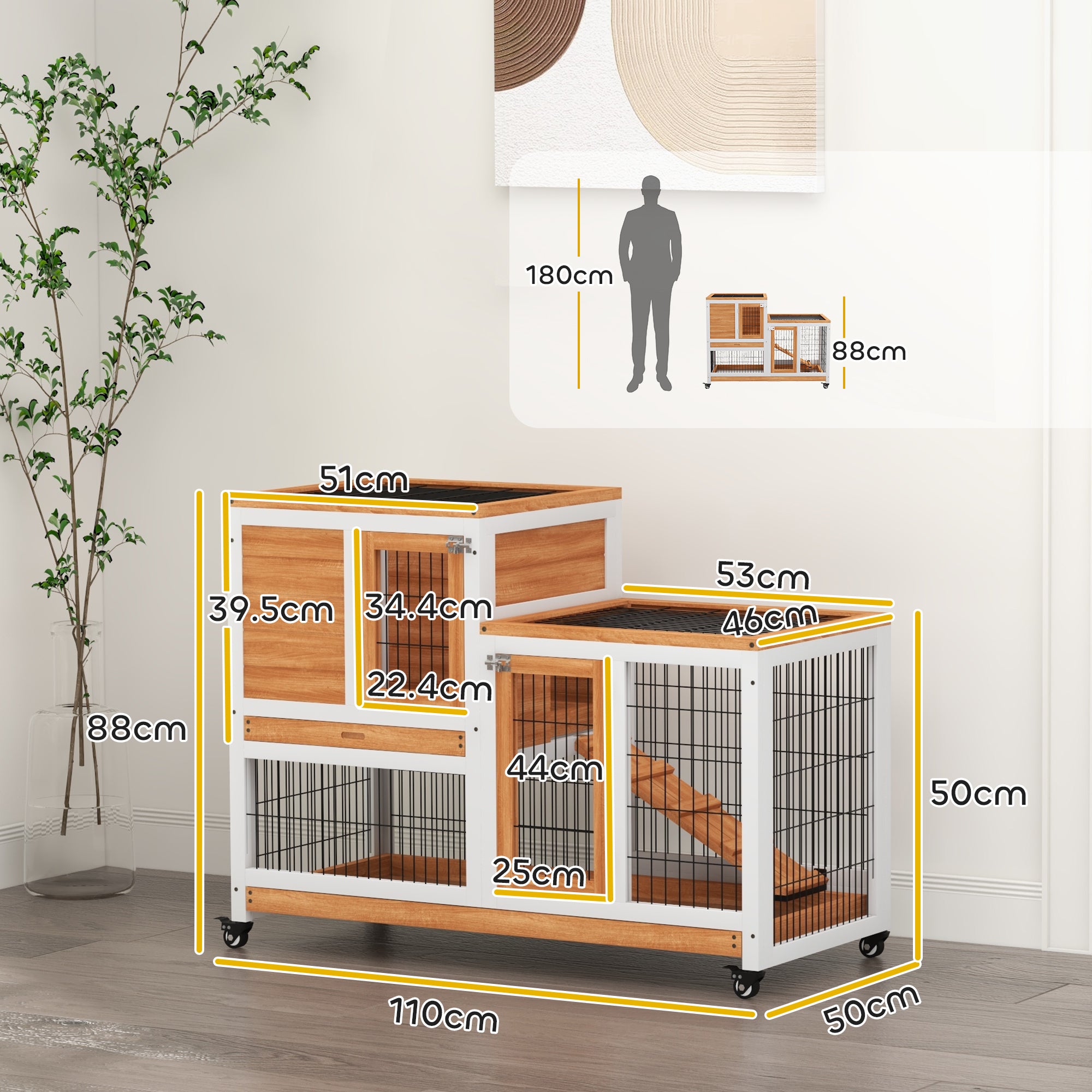 PawHut Wooden Indoor Hutch Elevated Cage w/ Wheel, Run, Yellow - North Peak Garden Furniture
