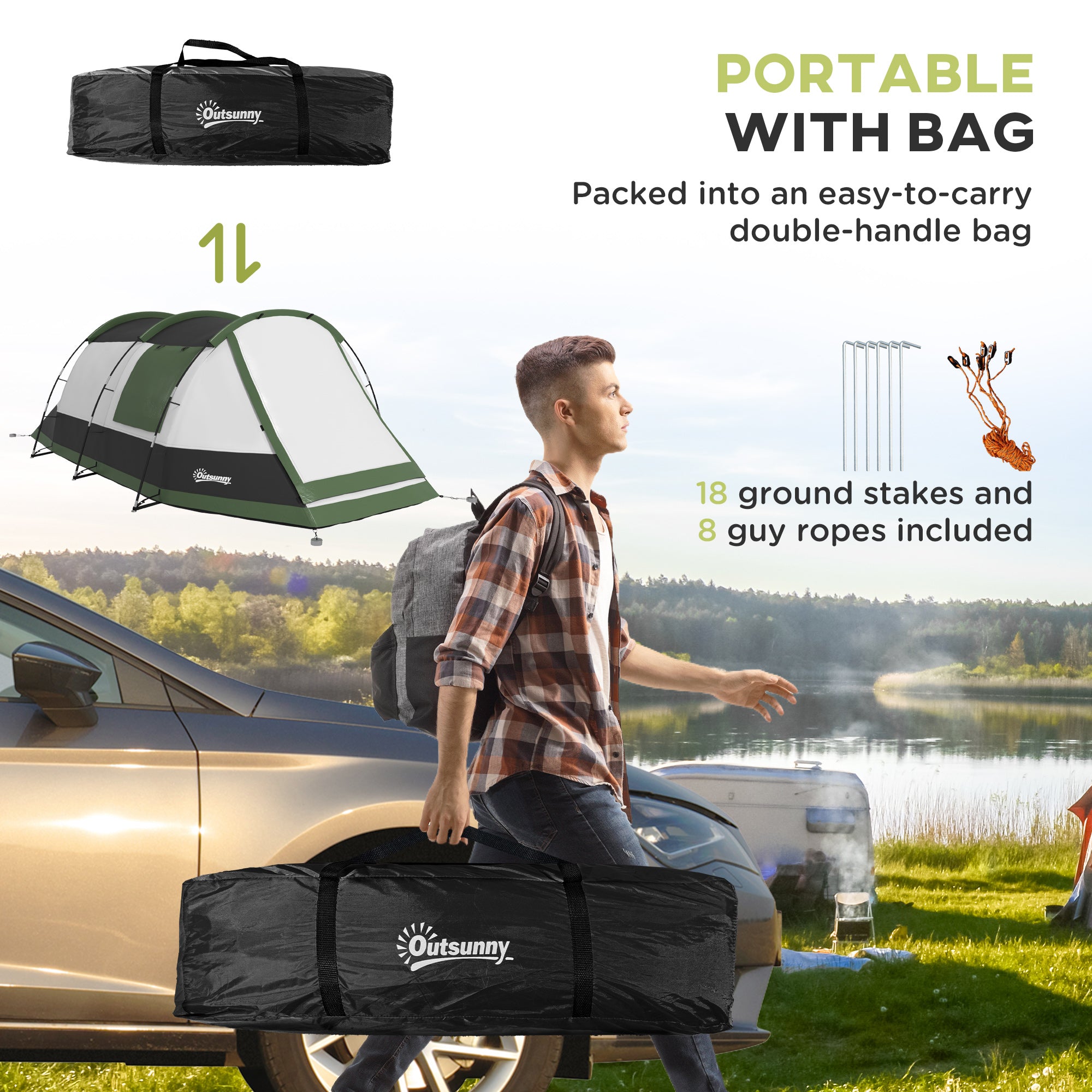 Outsunny Three-Man Camping Tent, with Two Rooms and Porch - Green - North Peak Garden Furniture