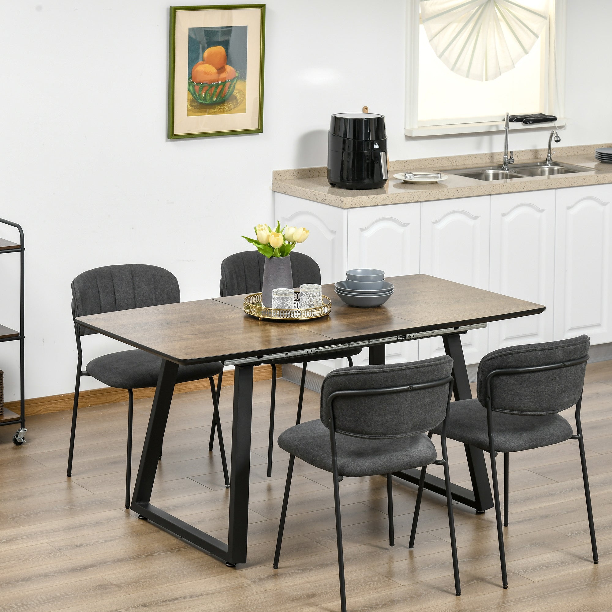 HOMCOM Extendable Dining Table Rectangular Wood Effect Tabletop for 4-6 People with Steel Frame & Hidden Leaves for Kitchen, Dining Room, Living Room - North Peak Garden Furniture