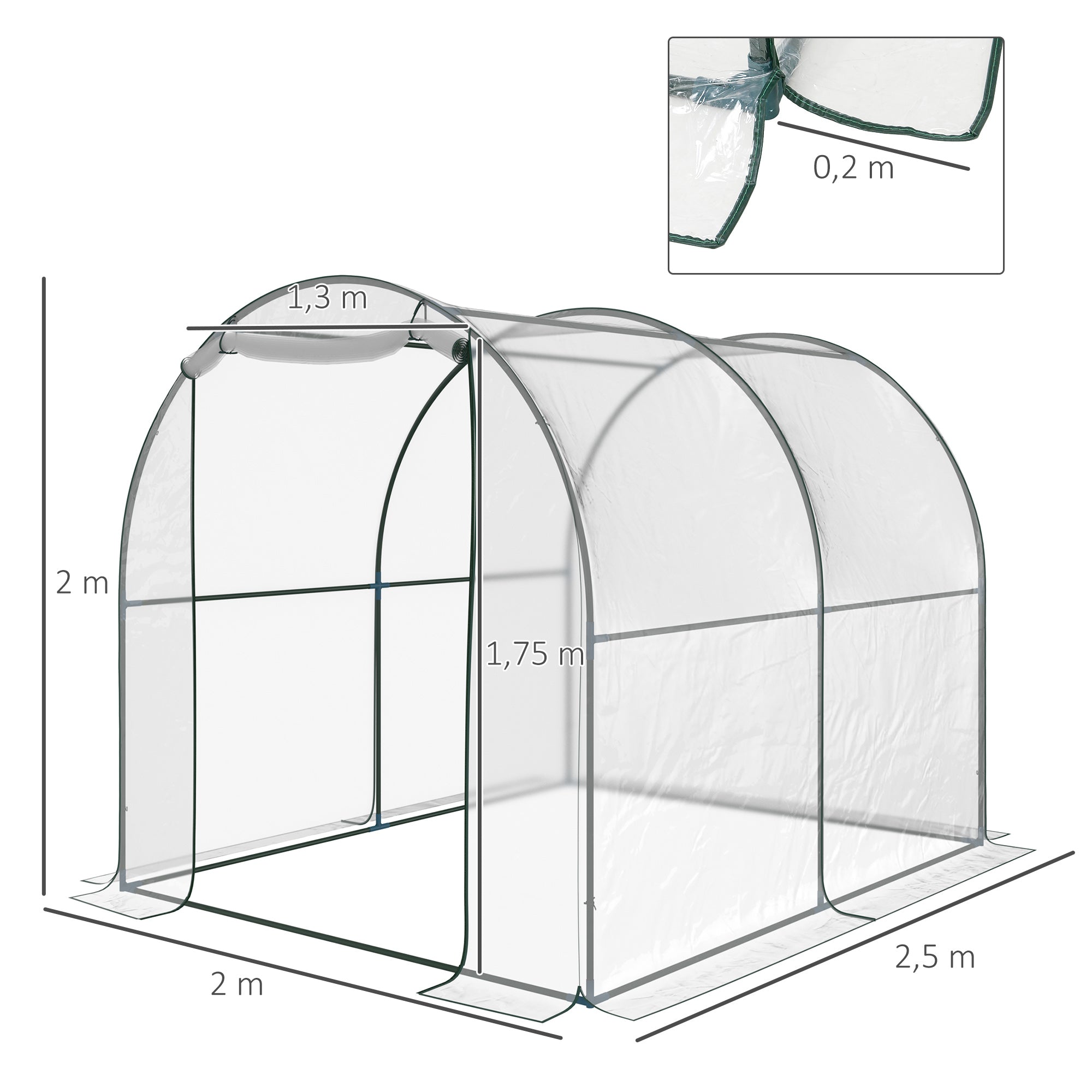 Outsunny Walk-in Polytunnel Greenhouse with Roll-up Door Transparent Tunnel Greenhouse with Steel Frame and PVC Cover, 2.5 x 2m