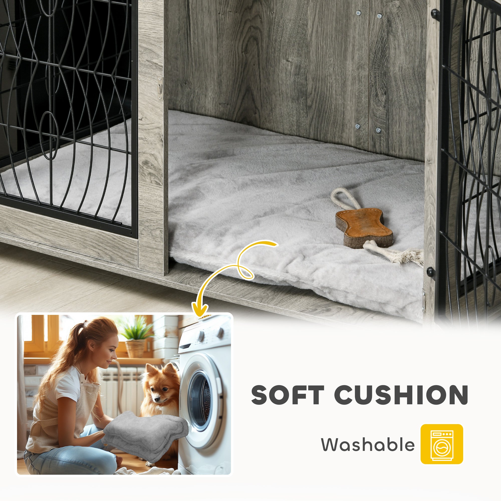 PawHut Indoor Dog Crate Furniture End Table with Soft Washable Cushion, Lockable Front Door, for Large Dogs - Grey - North Peak Garden Furniture