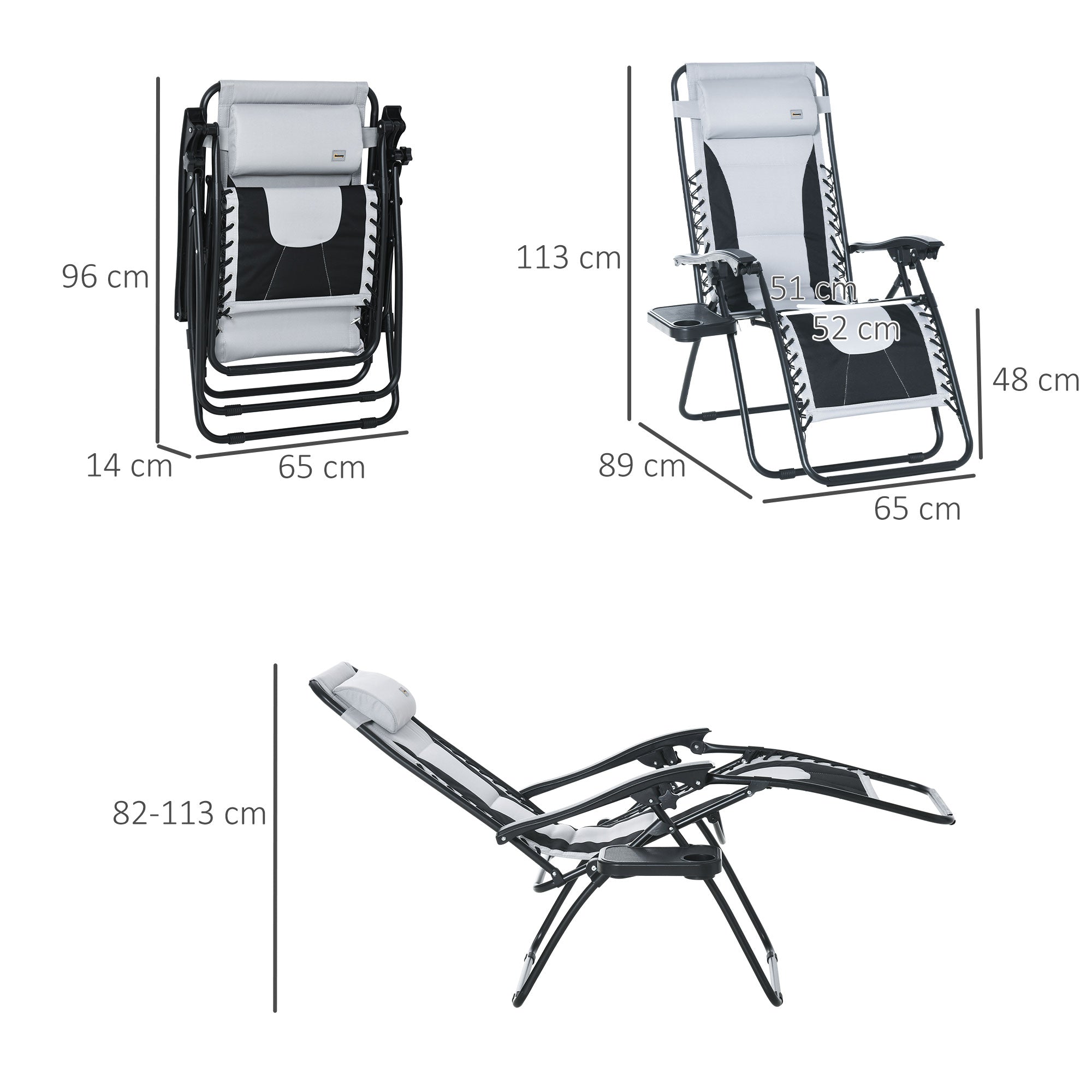 Outsunny Zero Gravity Chair, Folding Recliner, Patio Sun Lounger with Cup Holder, Adjustable Backrest, Padded Pillow for Outdoor, Patio, Deck, Poolside, Light Grey - North Peak Garden Furniture