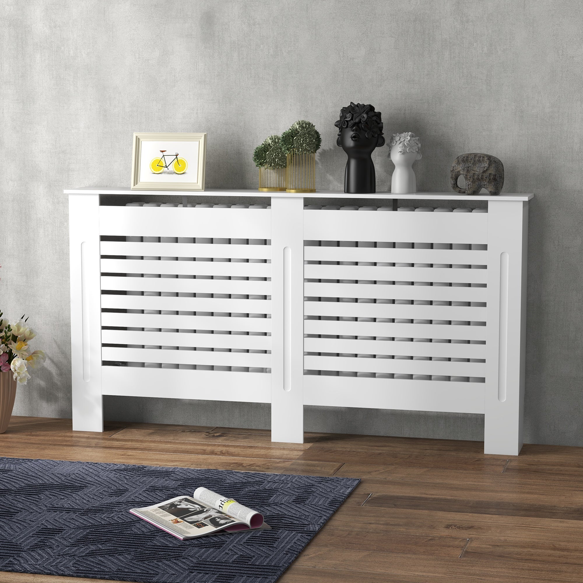 HOMCOM Radiator Cover, Modern MDF White Painted Cabinet with Horizontal Slats for Living Room, Bedroom, 152L x 19W x 81H cm - North Peak Garden Furniture