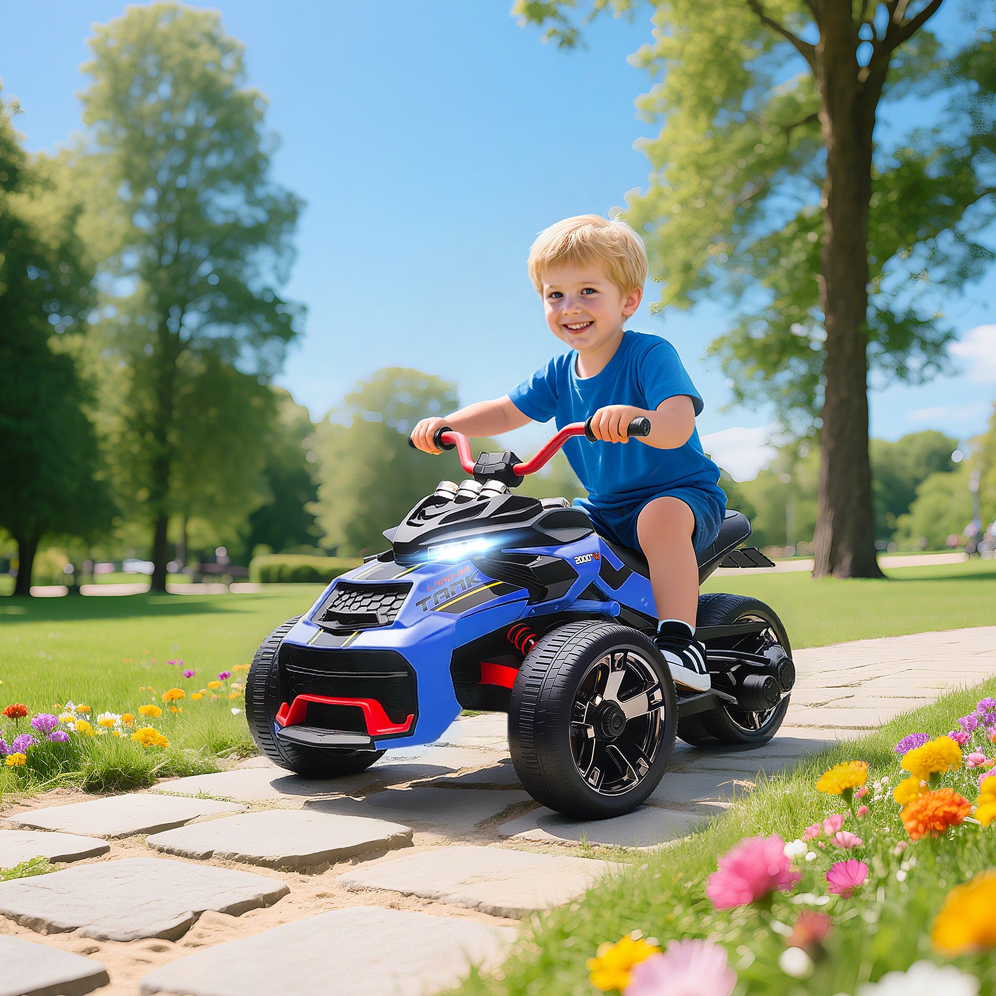 AIYAPLAY 12V Kids Electric Ride On Car with 3 Wheeler, MP3 Player, Horn, 2 Speeds, LED Lights for Boys & Girls Ages 3-8, Blue