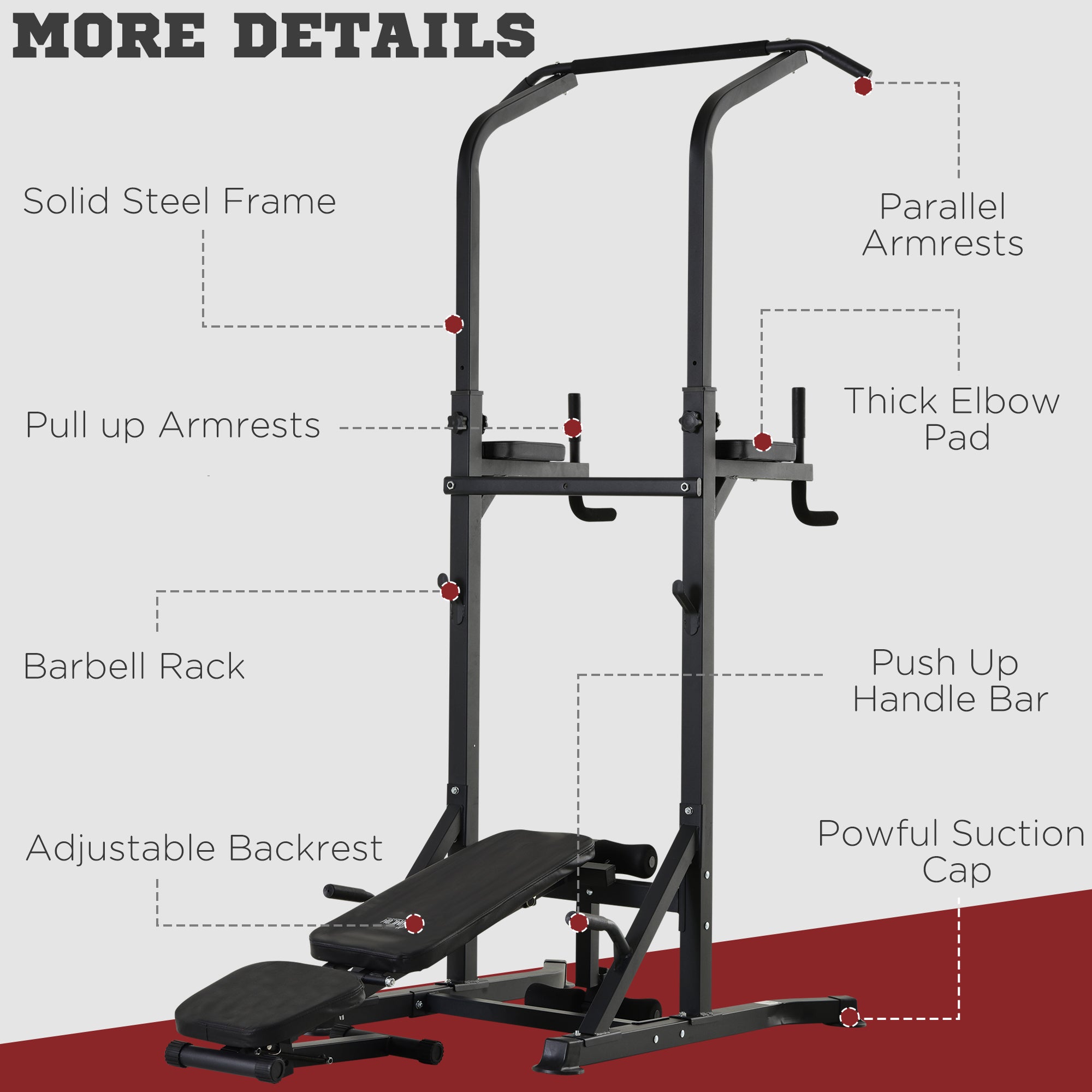 HOMCOM Pull Up Station with Adjustable Weight Bench, Dip Station and Barbell Rack, Multi-Function Power Tower Free Standing Pull Up Bar for Home Gym - North Peak Garden Furniture