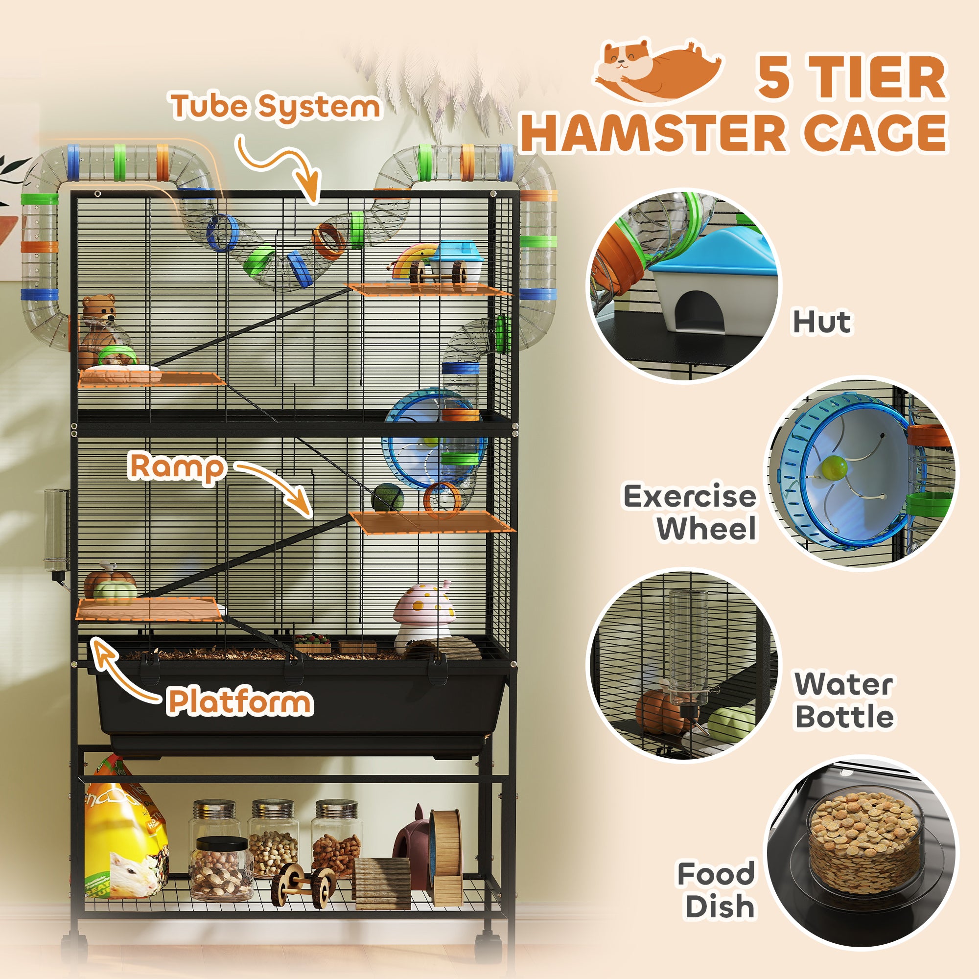 PawHut 5 Tier Large Hamster Cage on Wheels with 17 cm Deep Tray, Storage Shelf for Syrian, Gerbil, Rats - North Peak Garden Furniture