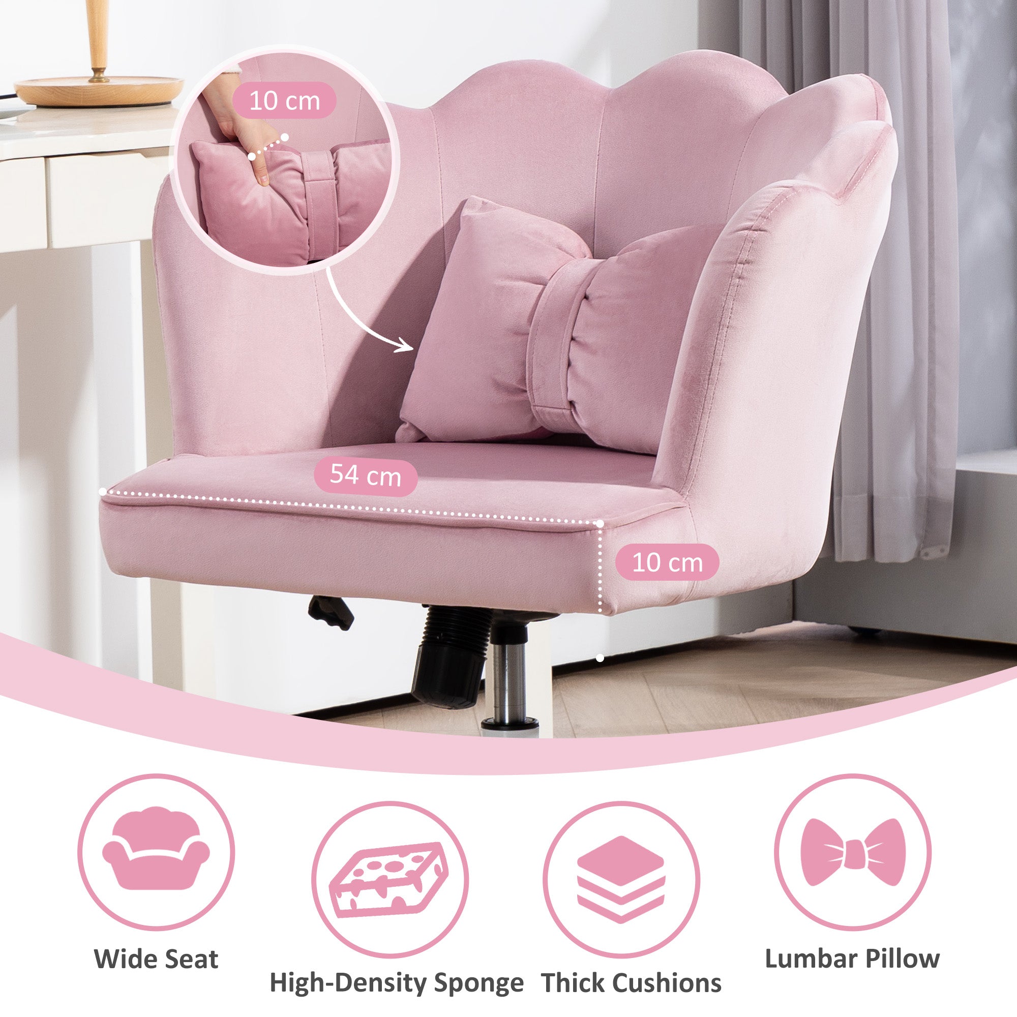 HOMCOM Velvet-Feel Petal Back Office Chair - Pink - North Peak Garden Furniture