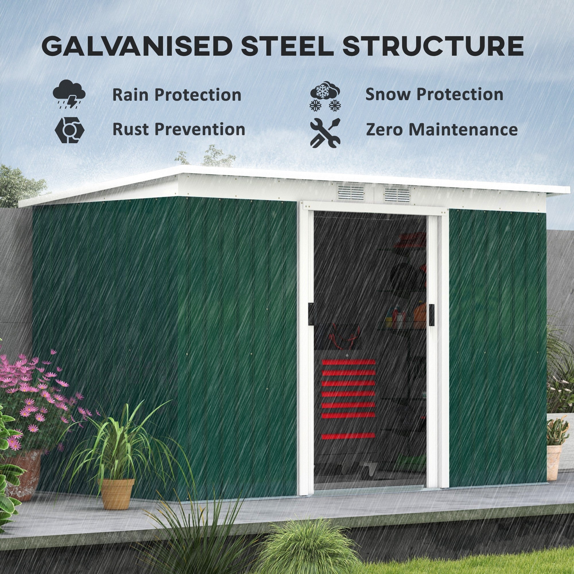 Outsunny 9ft x 4ft Metal Garden Shed, Outdoor Tool House with Foundation Kit, Ventilations and Double Doors, Deep Green - North Peak Garden Furniture