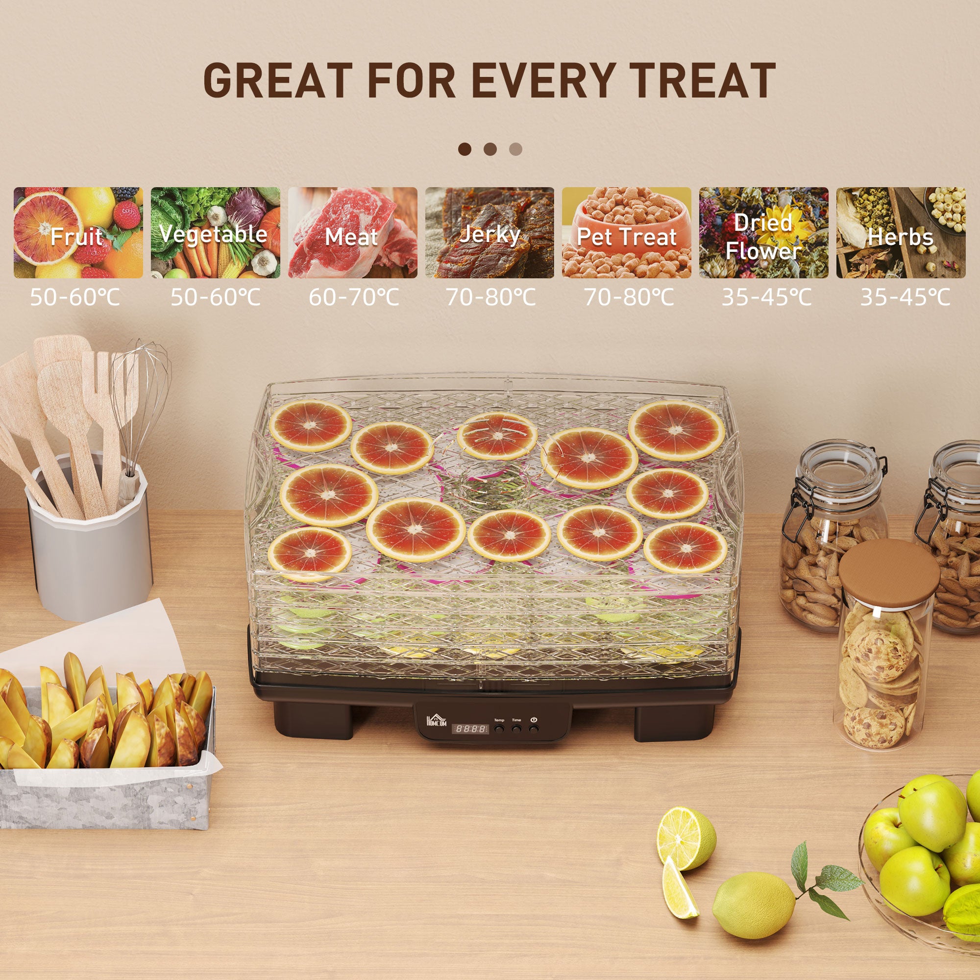 HOMCOM 6 Tray Food Dehydrator, 550W Food Dryer Machine with Adjustable Temperature, 48H Timer, for Drying Fruit, Meat, Vegetable, Jerky and Pet Treat, Black - North Peak Garden Furniture