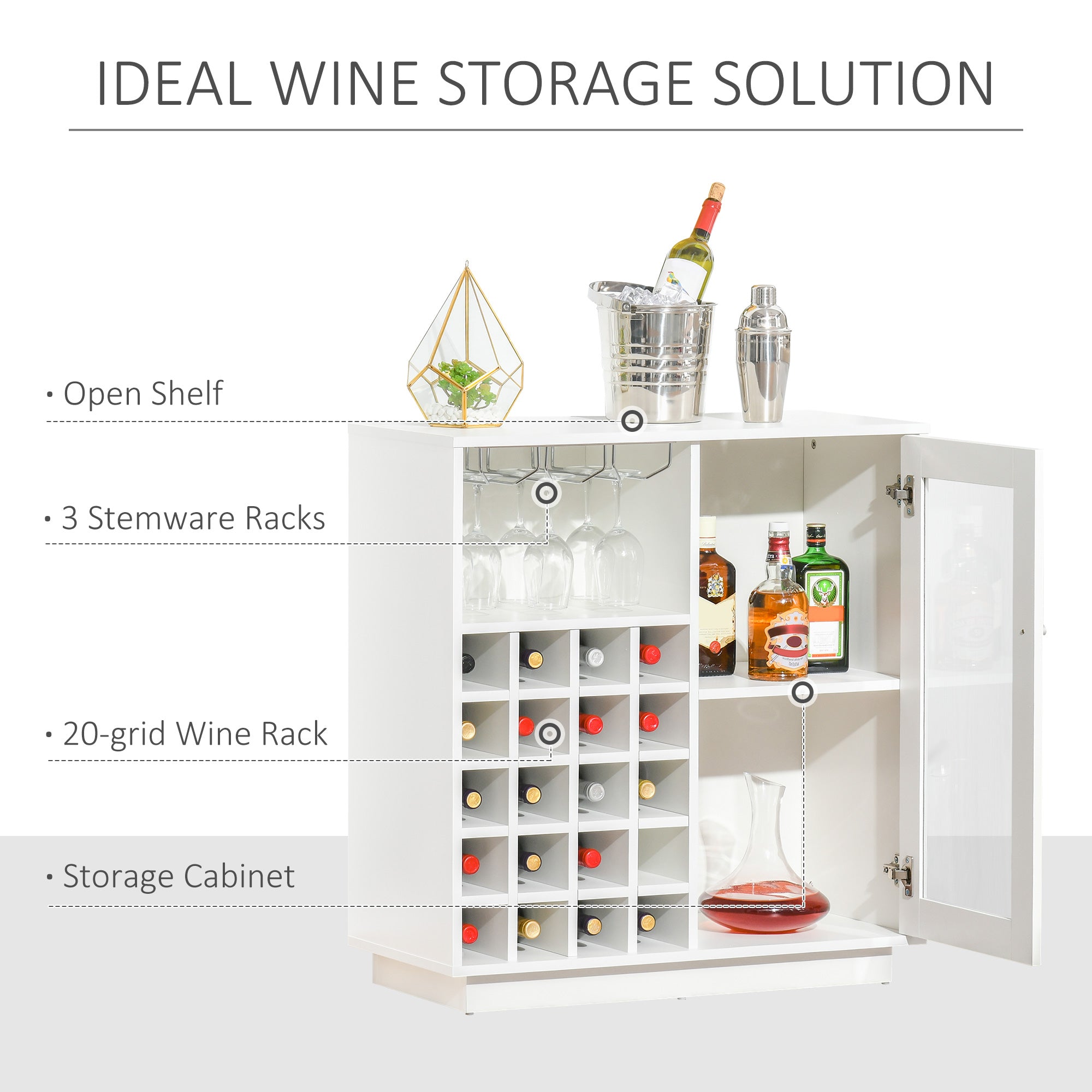 HOMCOM Modern Wine Cabinet Cupboard with Glass Door, Glass Holder & 20-Bottle Wine Rack for Living Room, Home Bar, Dining Room - North Peak Garden Furniture