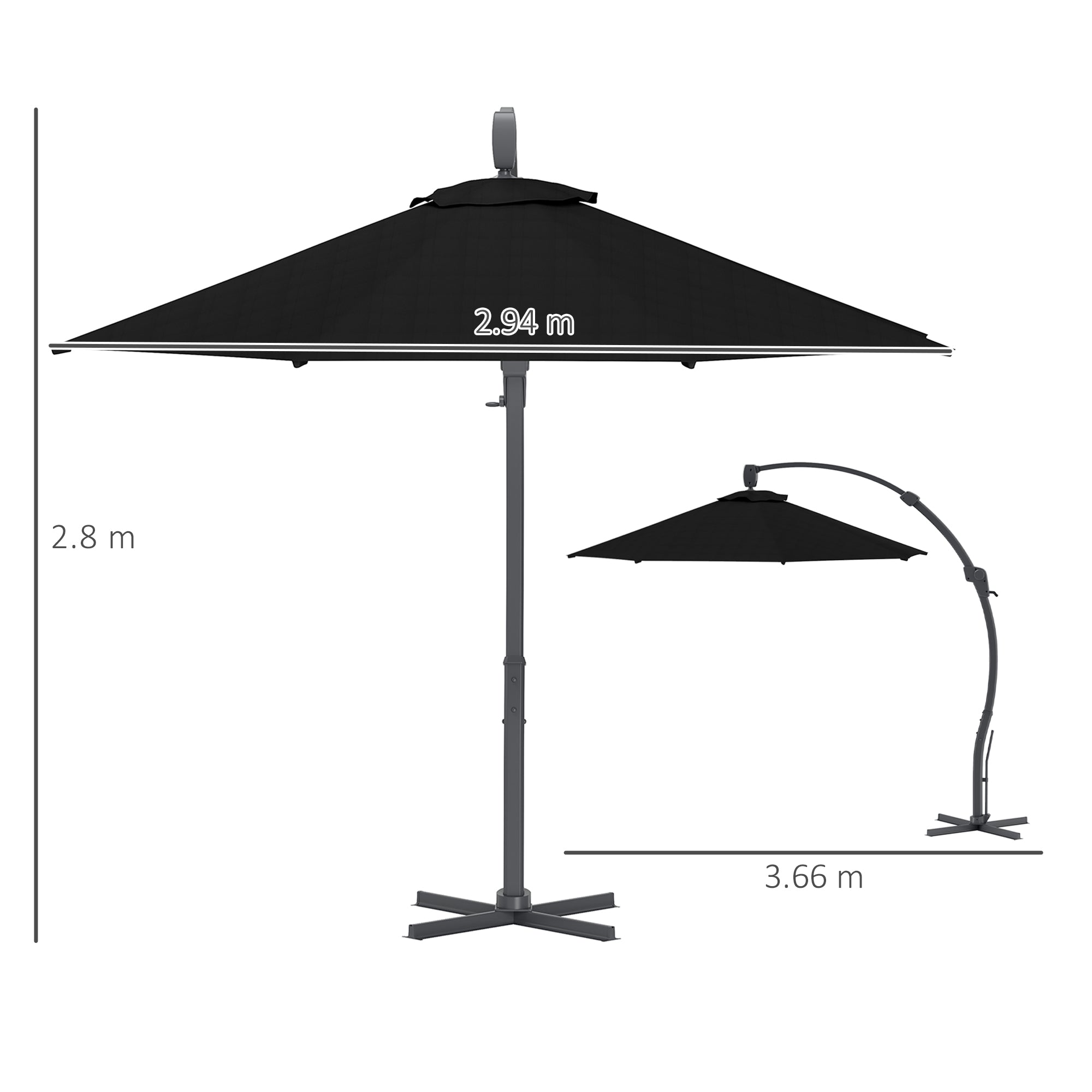 Outsunny 3(m) Garden Cantilever Parasol, Round Overhanging Umbrella with Crank Handle, Cross Base, Aluminium Frame and 360° Rotation, Banana Patio Umbrella for Outdoor Sun Shade, Black - North Peak Garden Furniture