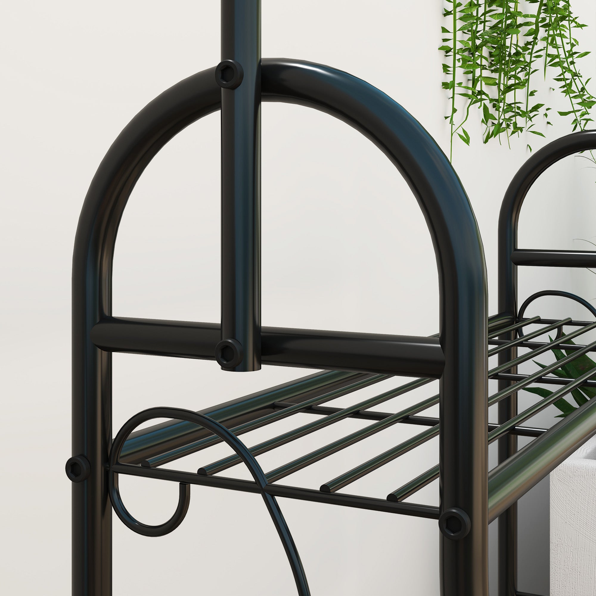 Outsunny 3 Tier Plant Stand with Hanging Rod and Hooks, Metal Plant Rack Shelf, Ladder Flower Pot for Indoor Outdoor Porch Balcony Living Room Bedroom, Black - North Peak Garden Furniture