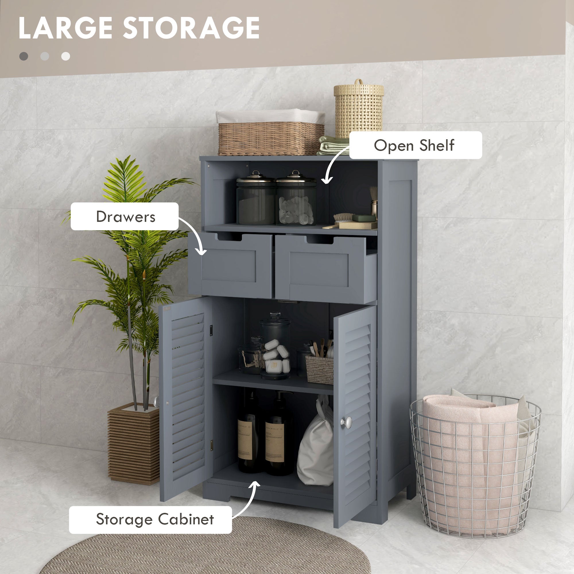 kleankin Three-Part Bathroom Storage Unit, with Shelf, Drawers & Cupboard - Grey - North Peak Garden Furniture
