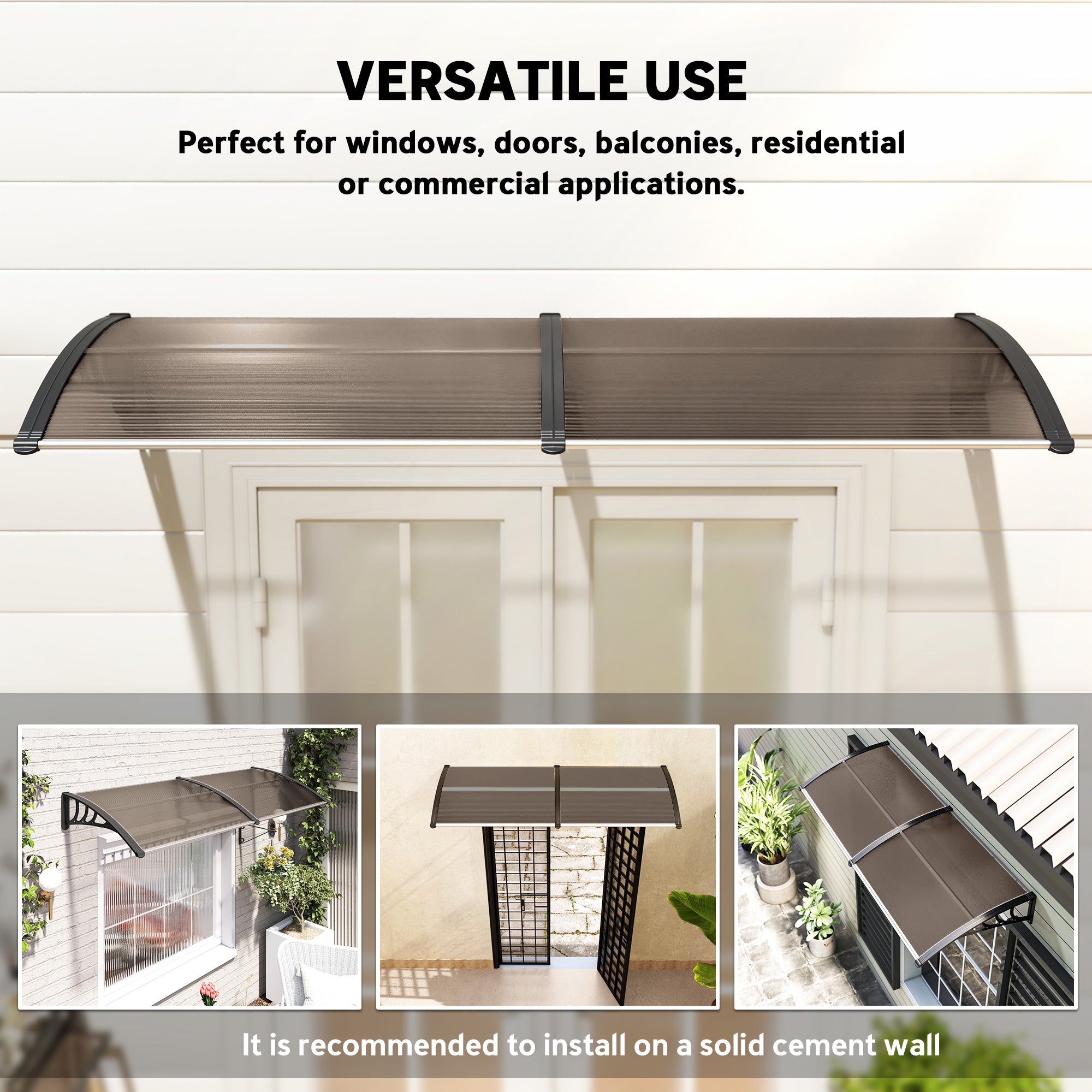 Outsunny 75 x 195 cm Curved Door Window Awning Canopy, Polycarbonate Cover Front Door Outdoor Patio, UV Rain Snow Protection Shelter, Brown